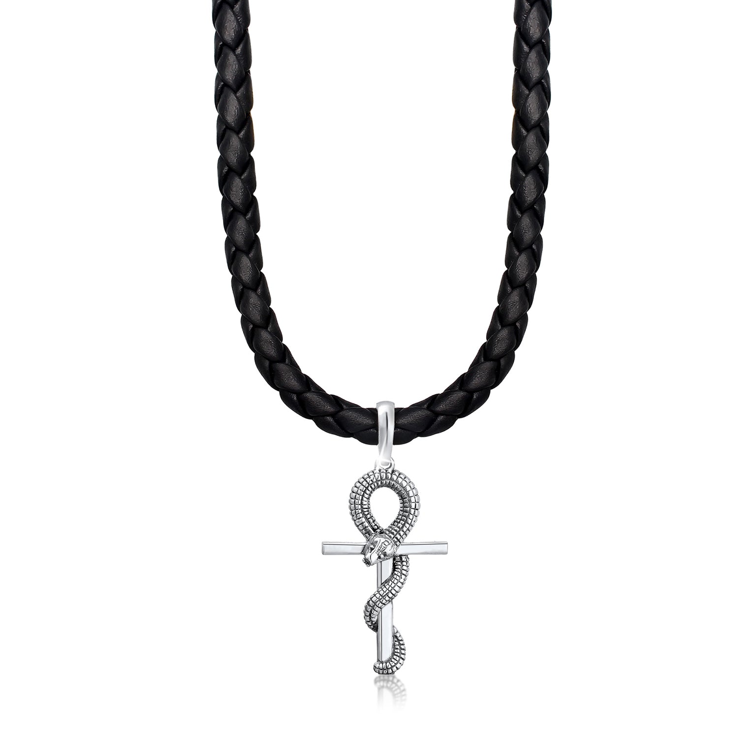 Silber - KUZZOI | Halskette Kreuz Schlange | Leder | 925er Sterling Silber