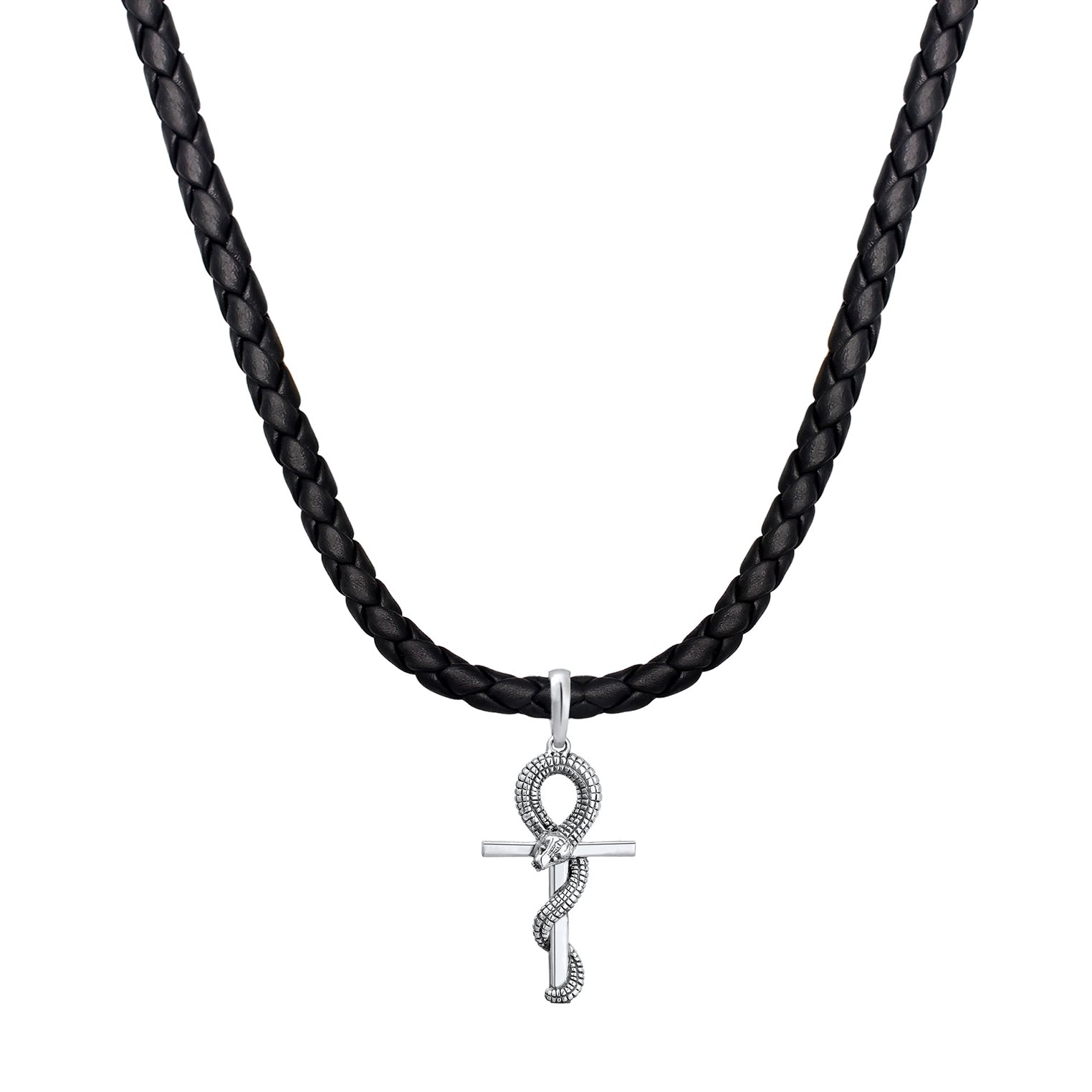 Silber - KUZZOI | Halskette Kreuz Schlange | Leder | 925er Sterling Silber