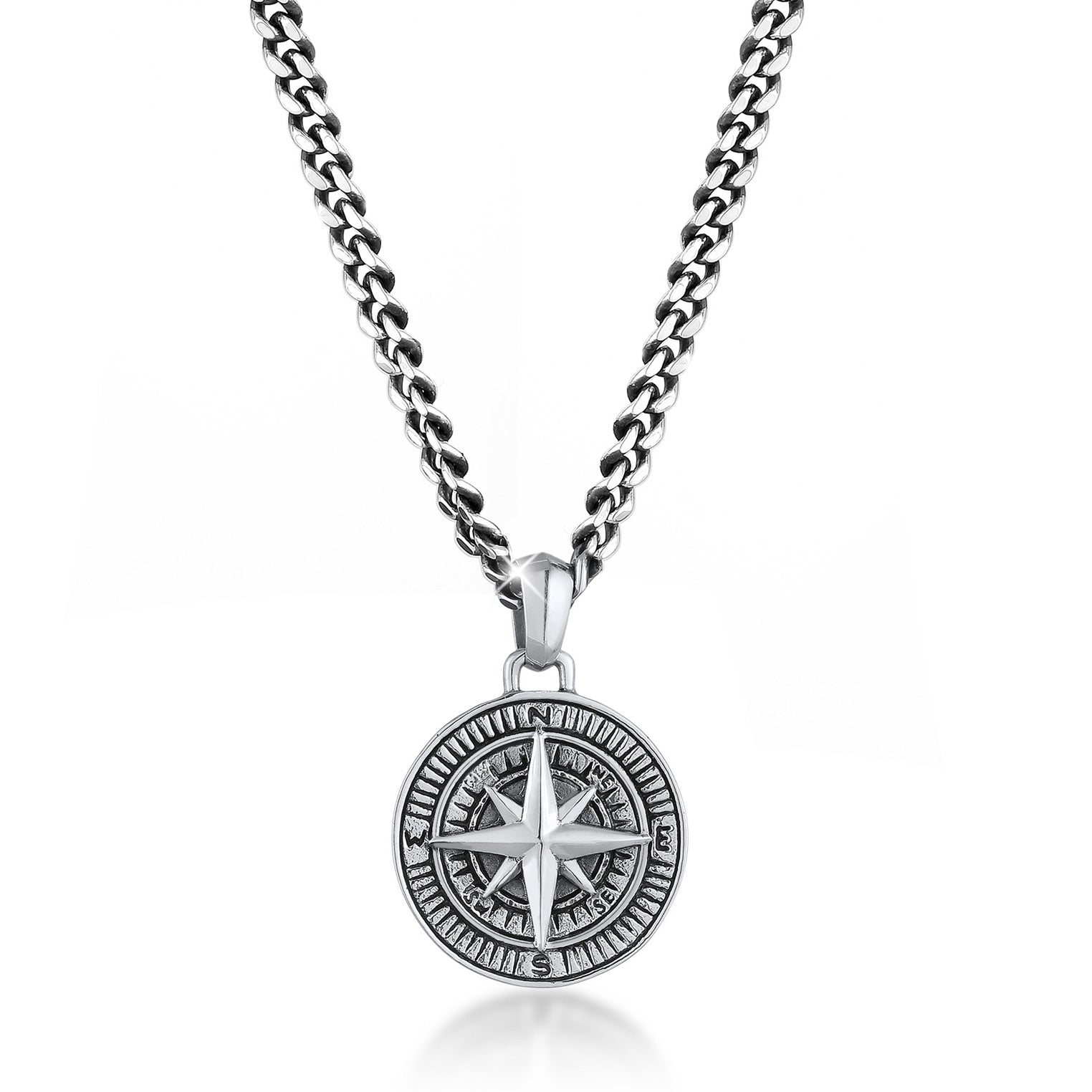 Schwarz - KUZZOI | Halskette Kompass Münze | 925er Sterling Silber oxidiert