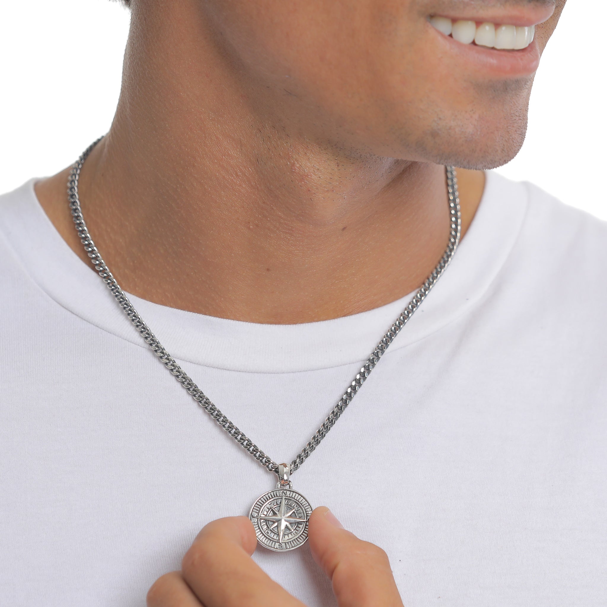 Schwarz - KUZZOI | Halskette Kompass Münze | 925er Sterling Silber oxidiert