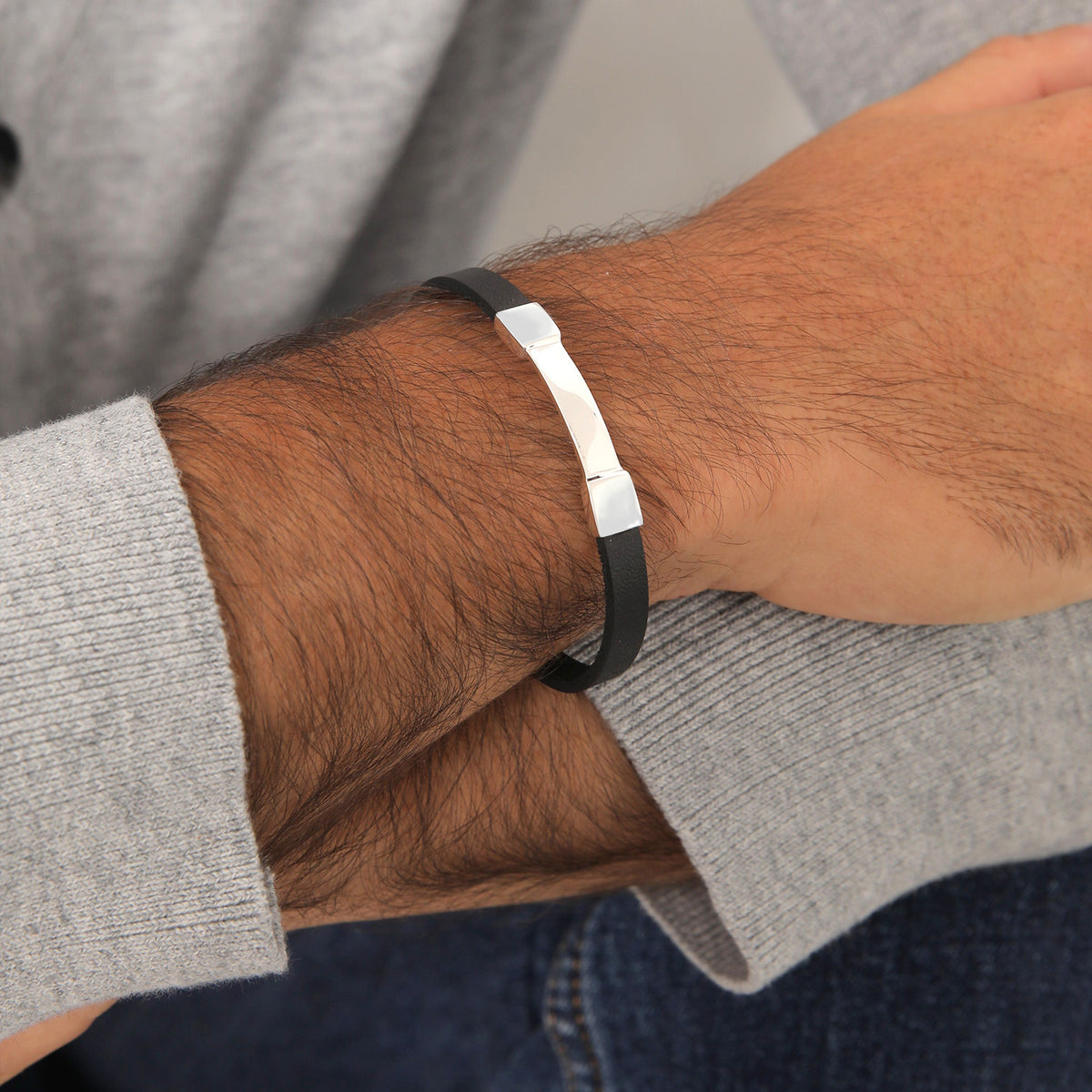 Silber - KUZZOI | Armband Leder Platte | 925er Sterling Silber
