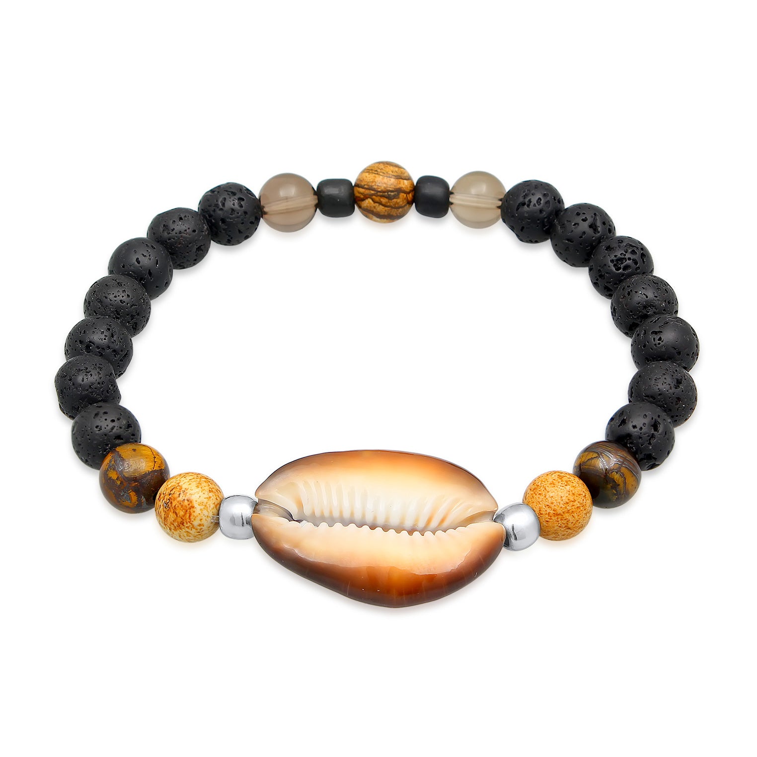 Kuzzoi Armband Kauri Muschel | Tigerauge, Lava Perlen