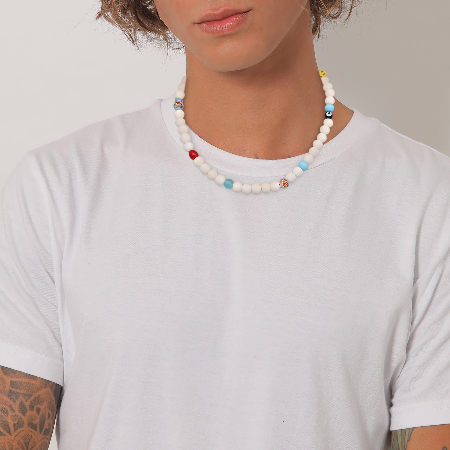 Weiß - KUZZOI | Halskette mit Smiling Face Glasperlen Bunt | 925er Sterling Silber