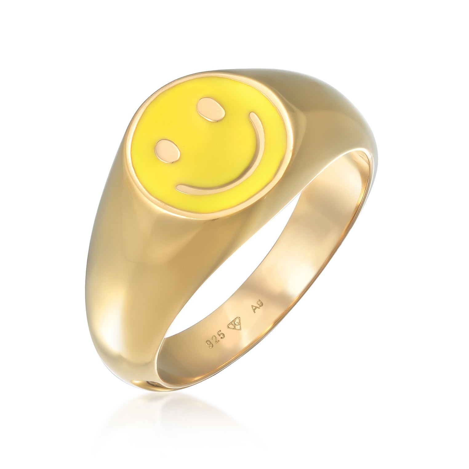 Gelb - KUZZOI | Siegelring mit Smiling Face | Emaille (Gelb) | 925er Sterling Silber Vergoldet