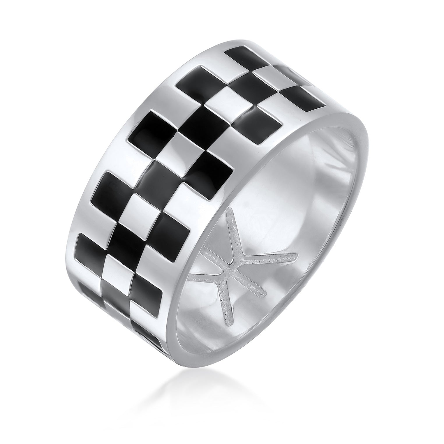 Silber - KUZZOI | Bandring Schachbrett | Emaille (Schwarz) | 925 Sterling Silber