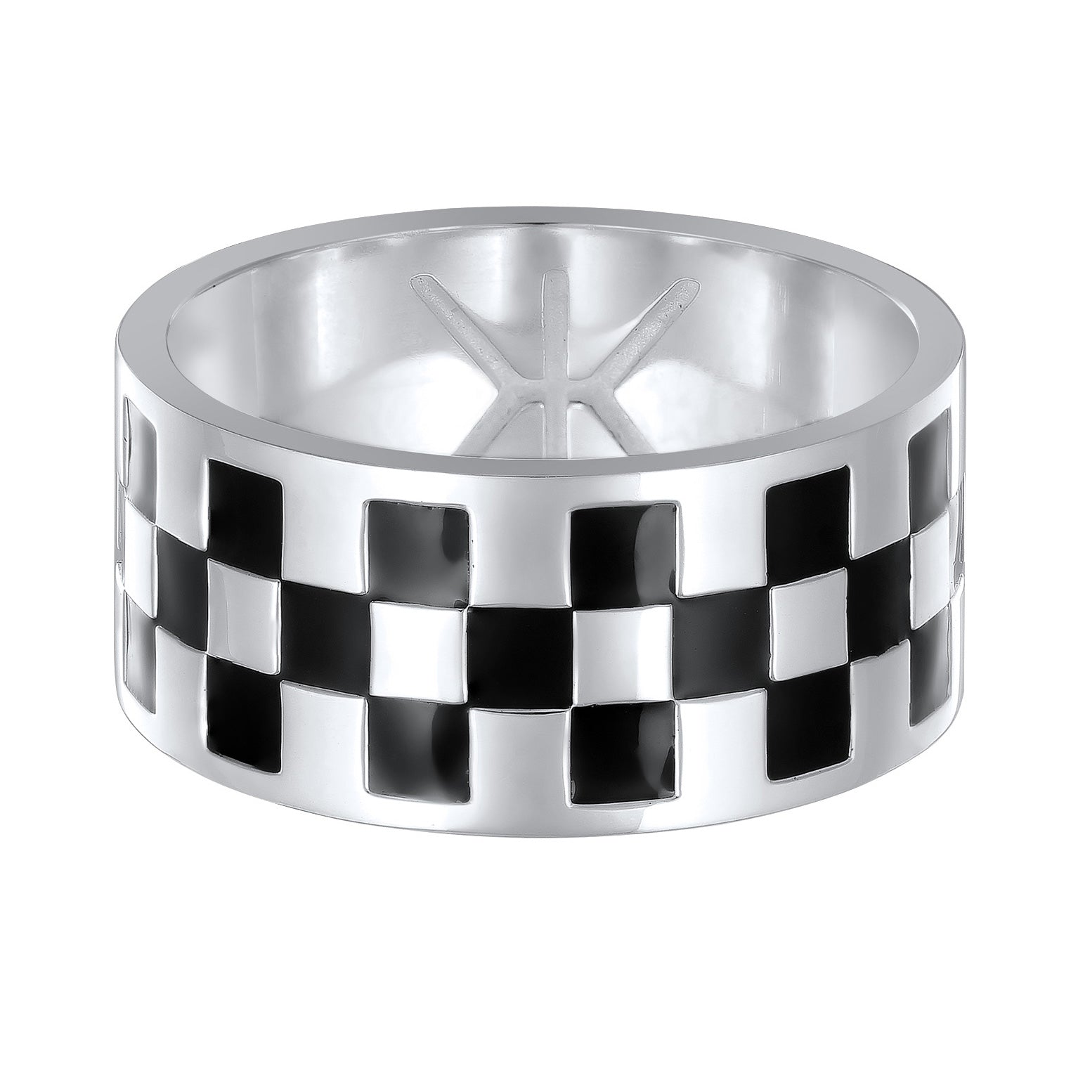 Silber - KUZZOI | Bandring Schachbrett | Emaille (Schwarz) | 925 Sterling Silber