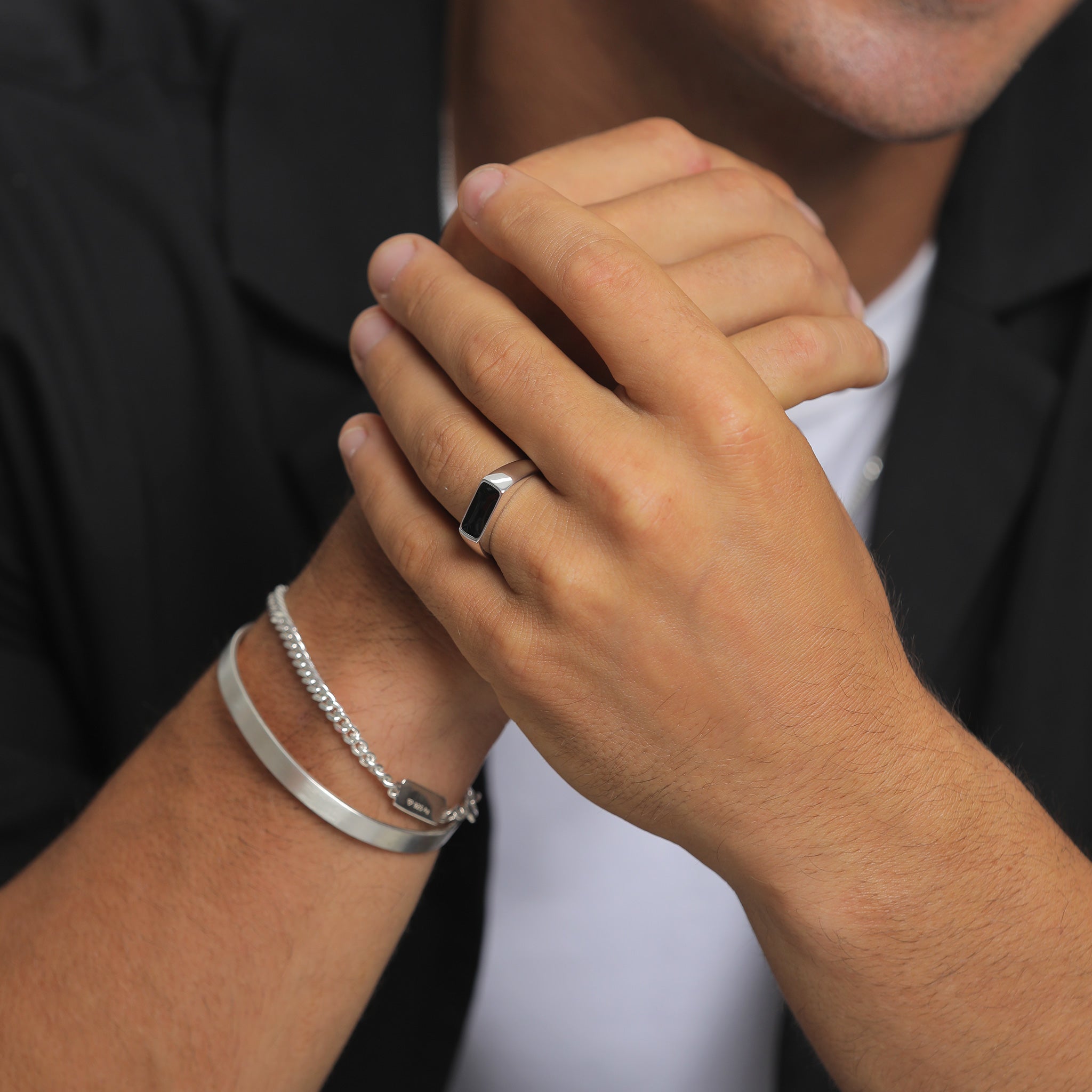 Silber - KUZZOI | Siegelring Rechteck | Emaille (Schwarz) | 925 Sterling Silber