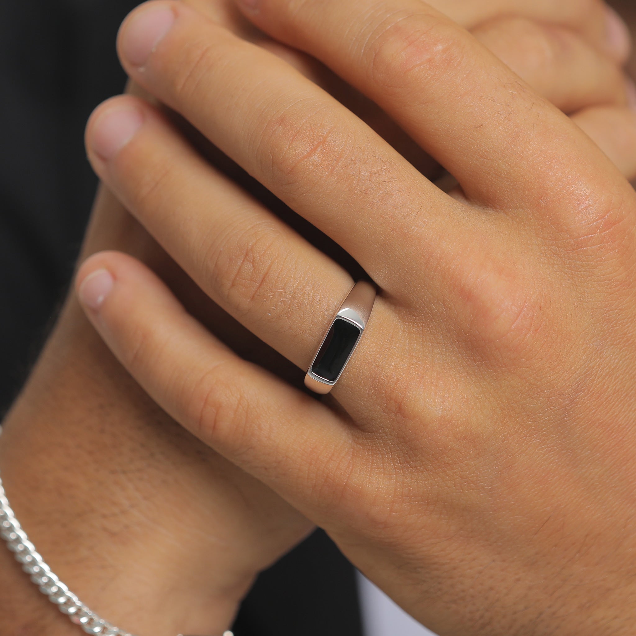 Silber - KUZZOI | Siegelring Rechteck | Emaille (Schwarz) | 925 Sterling Silber