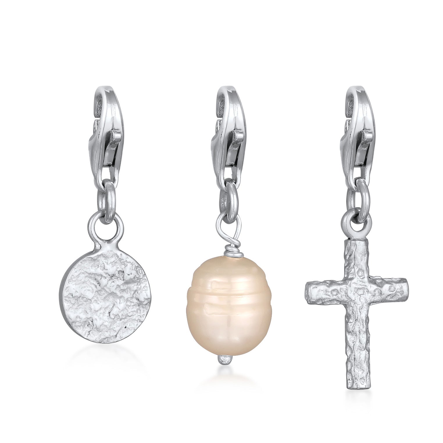 Silber - KUZZOI | Charm-Set Kreuz Plättchen Perle | Süßwasserzuchtperle | 925 Sterling Silber
