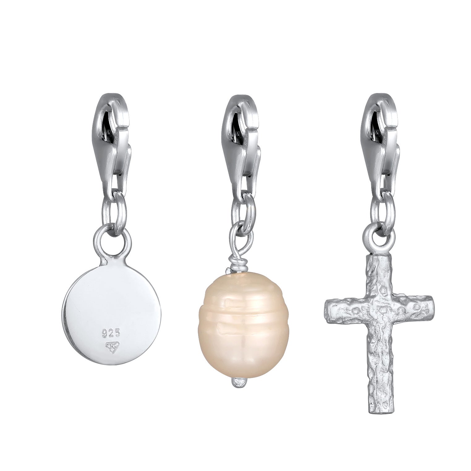 Silber - KUZZOI | Charm-Set Kreuz Plättchen Perle | Süßwasserzuchtperle | 925 Sterling Silber