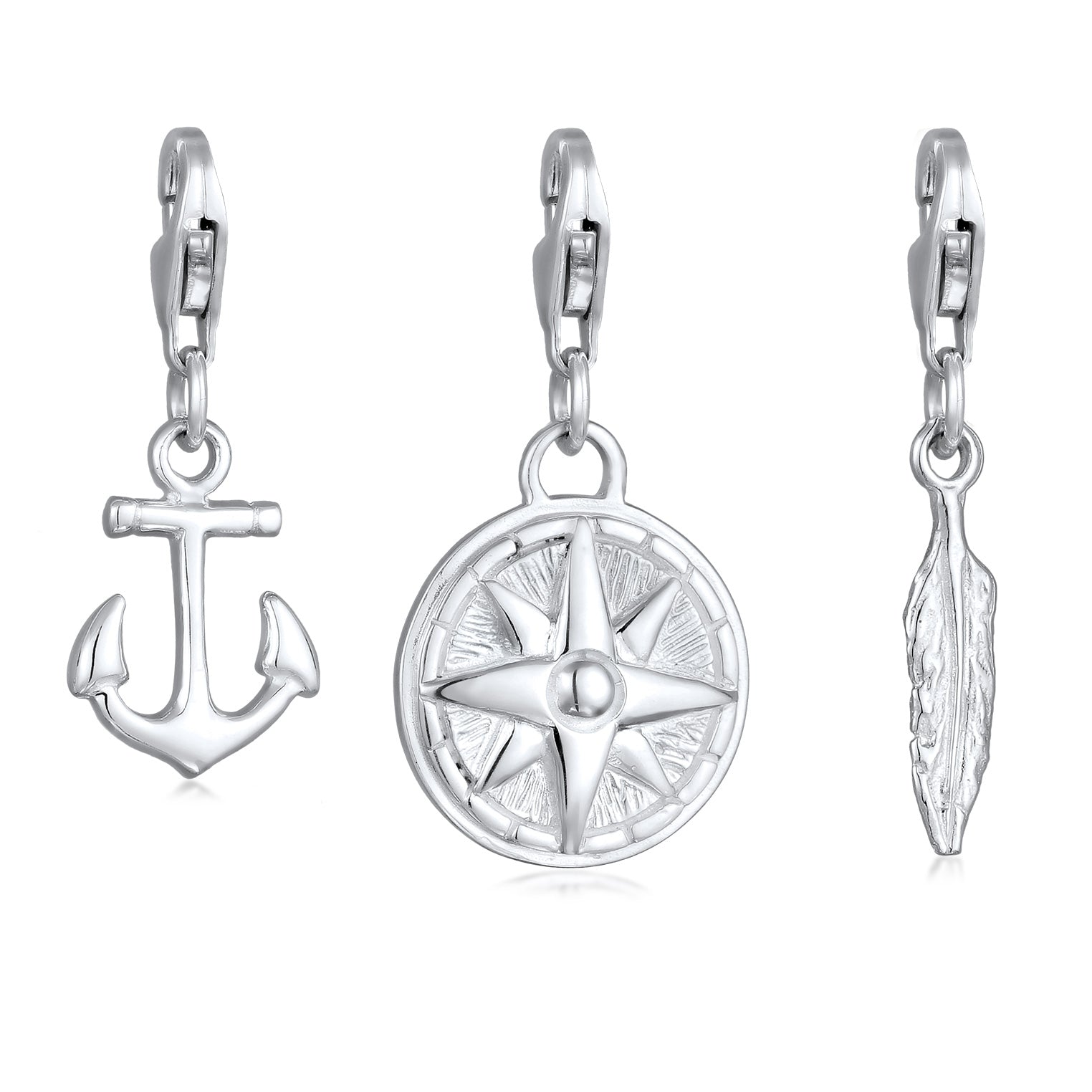 Silber - KUZZOI | Charms-Set Anker Windrose Feder | 925 Sterling Silber