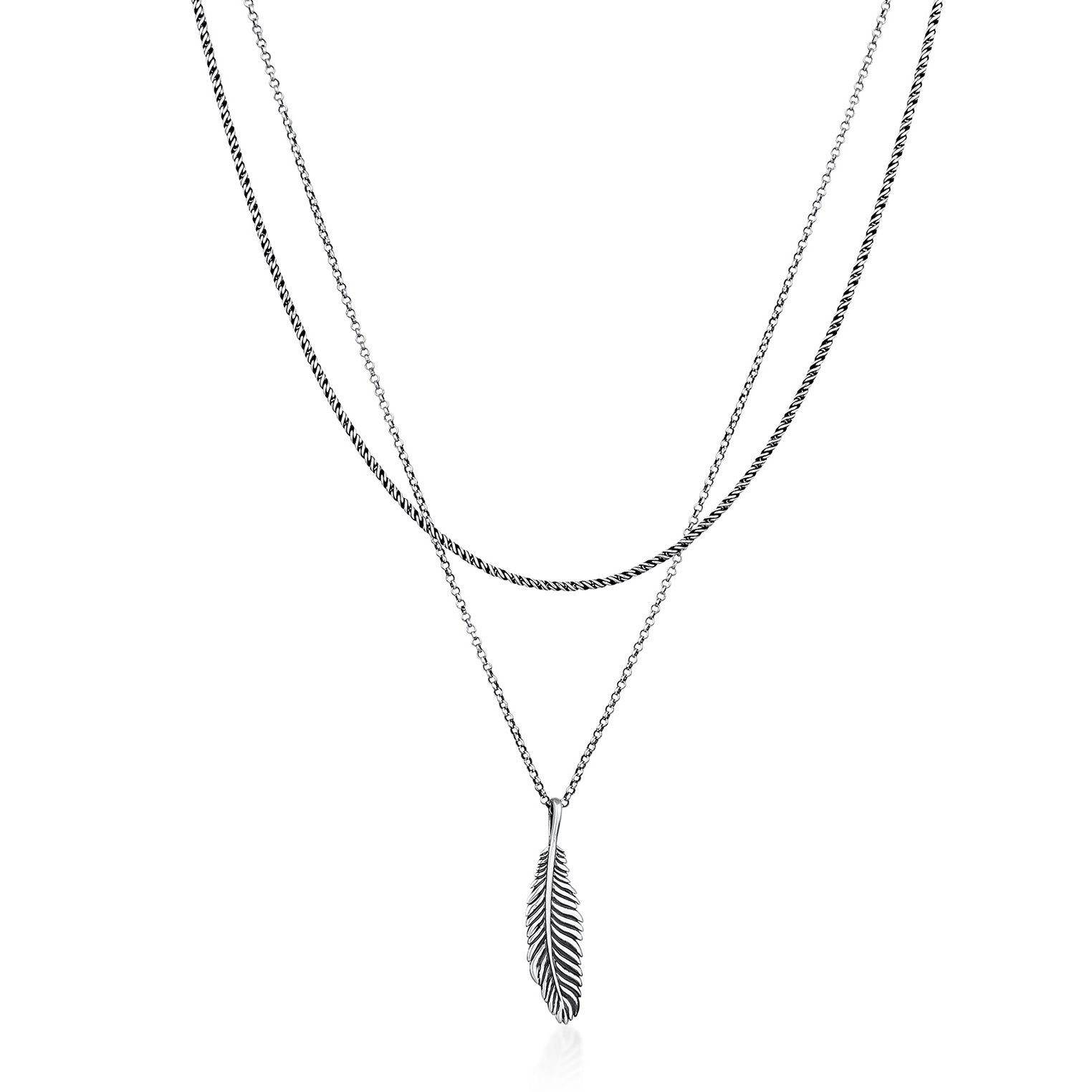 Silber - KUZZOI | Layer-Halskette Feder Anhänger | 925 Sterling Silber oxidiert