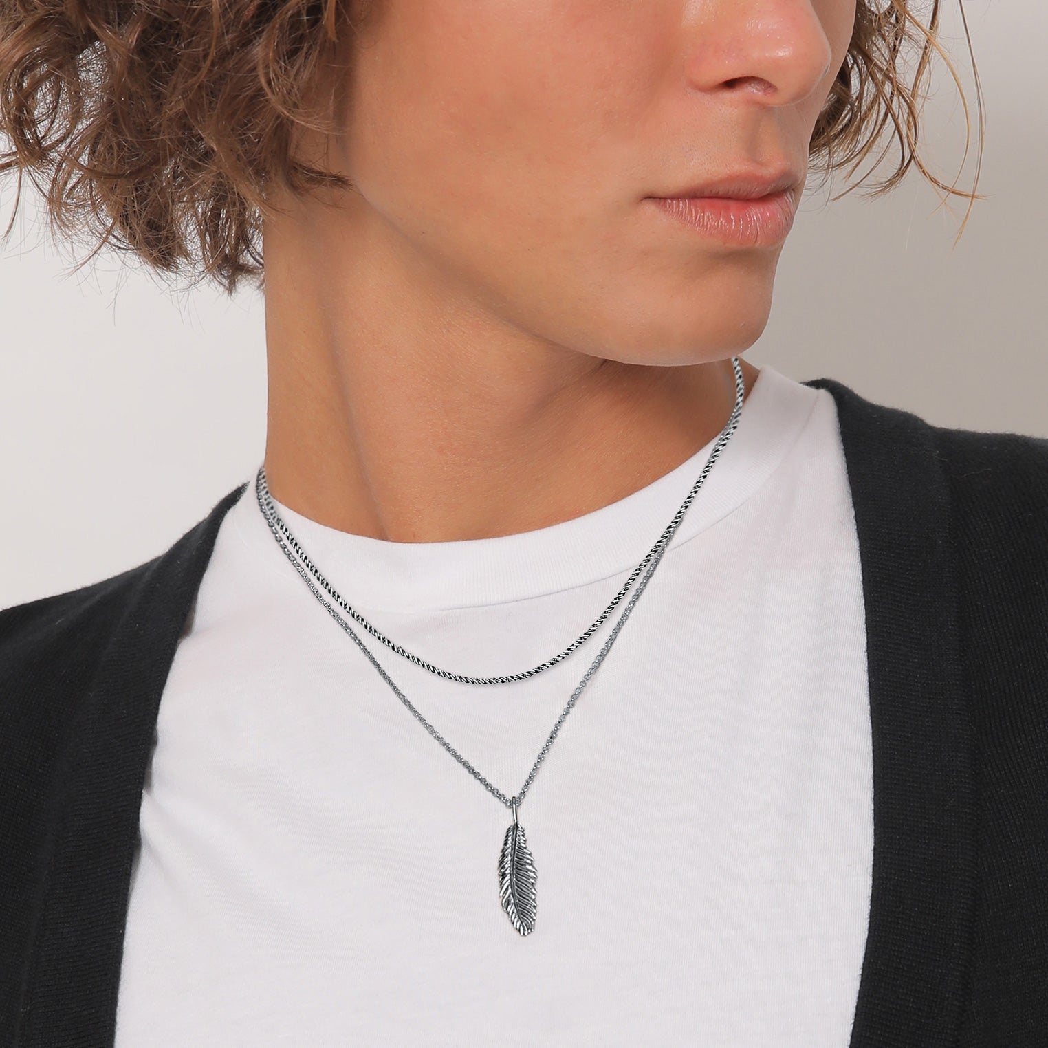 Silber - KUZZOI | Layer-Halskette Feder Anhänger | 925 Sterling Silber oxidiert