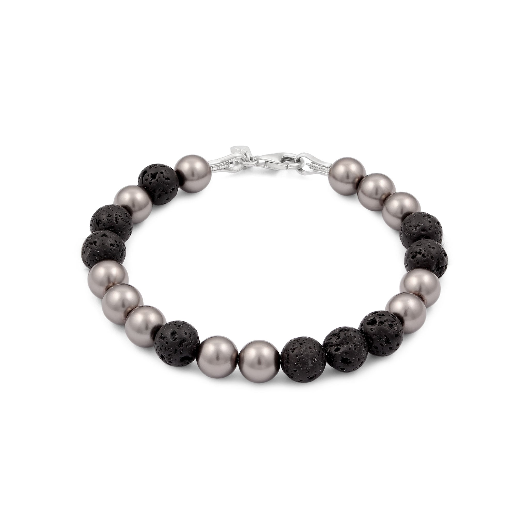 Silber - KUZZOI | Armband Beads | mit Perlen von Swarovski® (Grau) & Lava (Schwarz) | 925 Sterling Silber