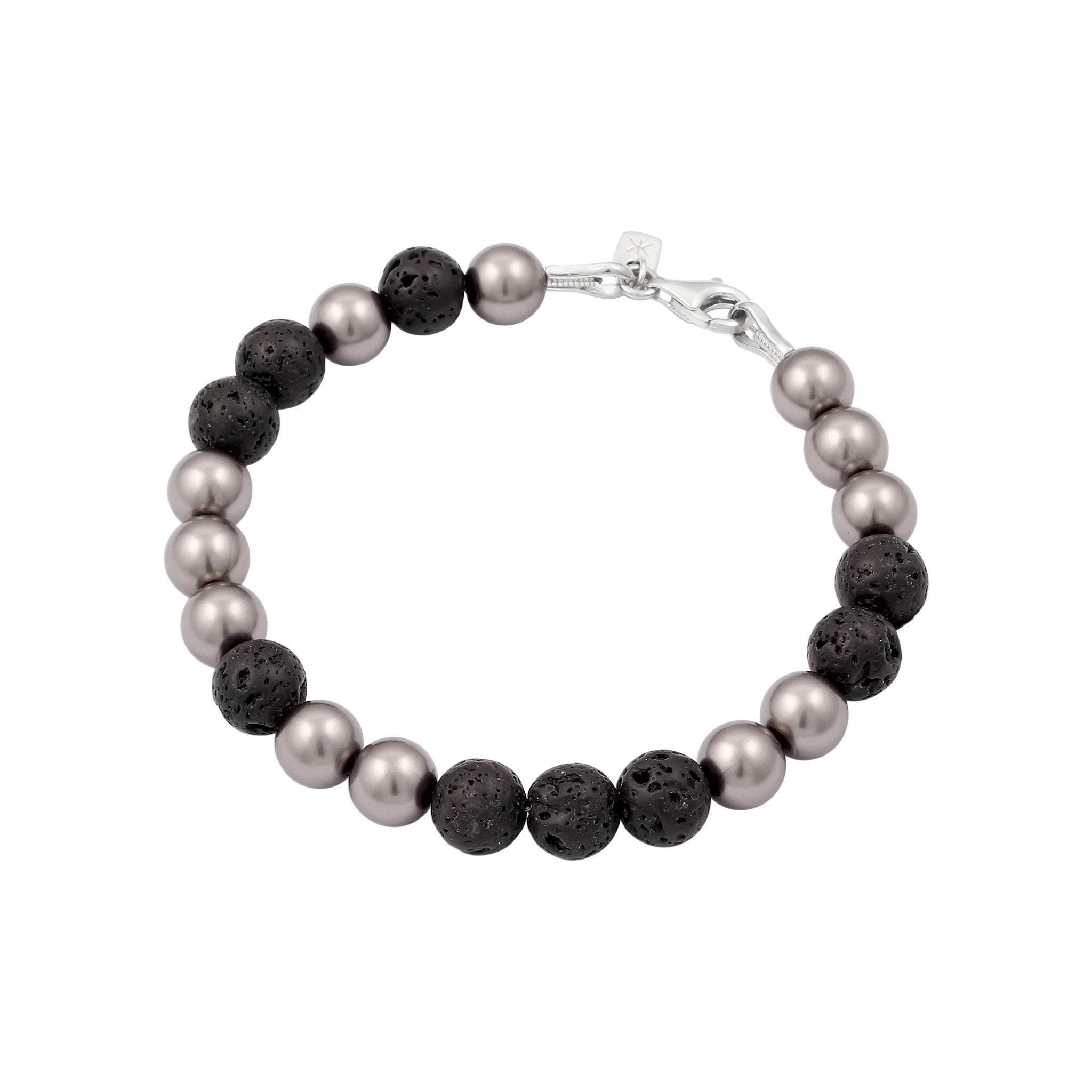 Silber - KUZZOI | Armband Beads | mit Perlen von Swarovski® (Grau) & Lava (Schwarz) | 925 Sterling Silber