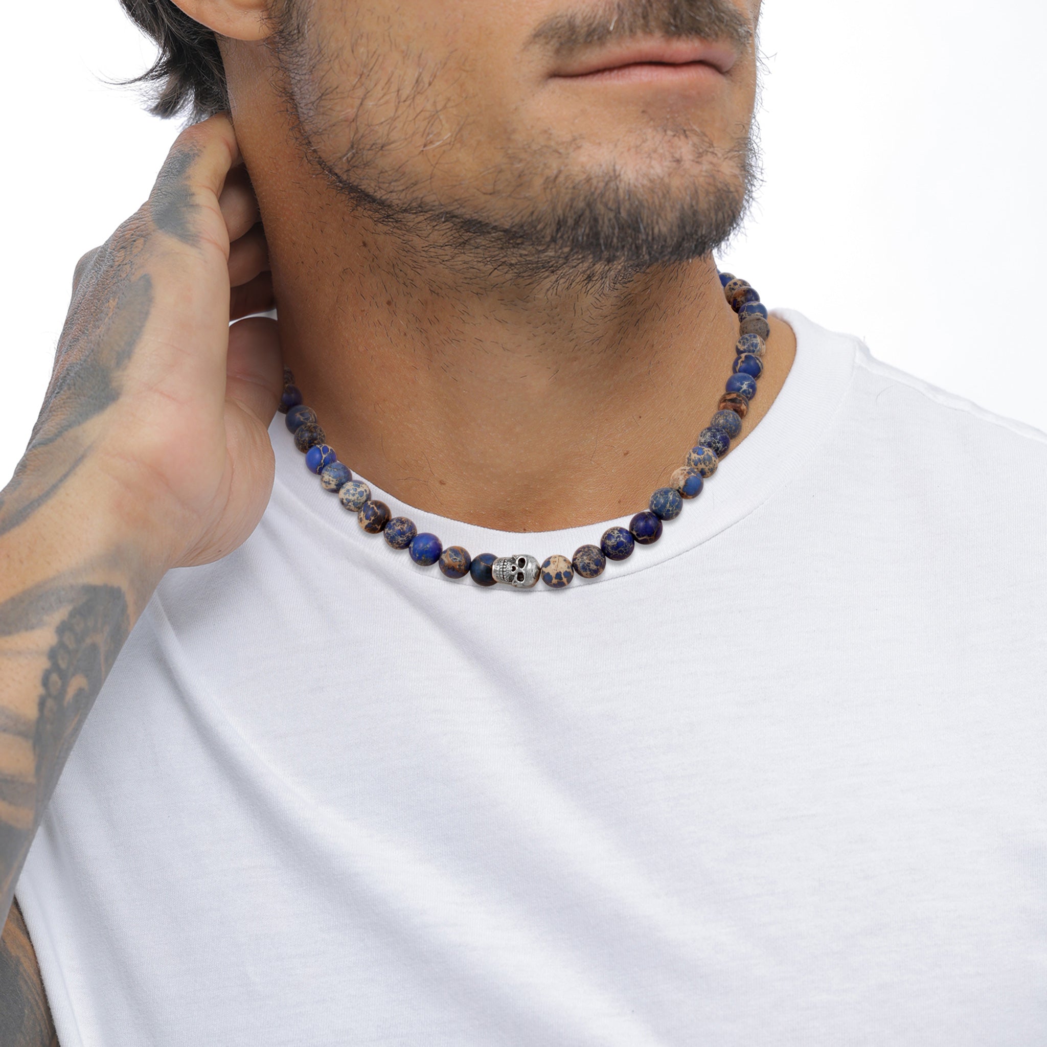 Blau - KUZZOI | Halskette Totenkopf | Achat Perlen (Blau) | 925 Sterling Silber