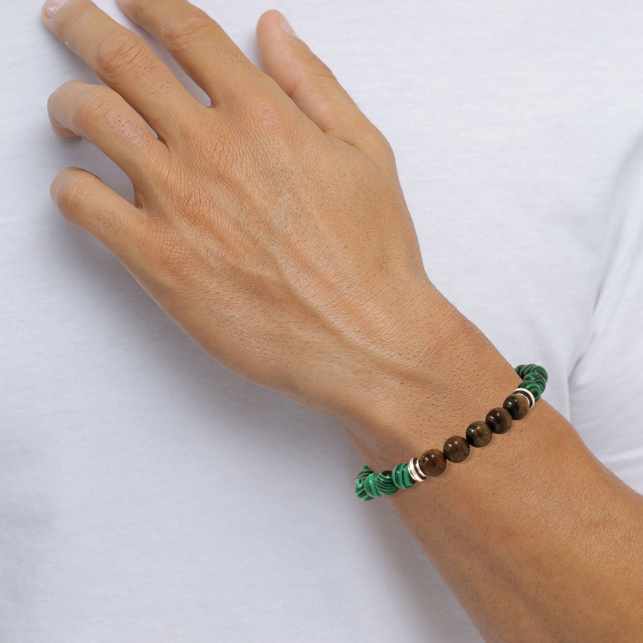 Grün - KUZZOI | Perlen-Armband | Tigerauge (Braun) & Malachit (Grün) | 925 Sterling Silber