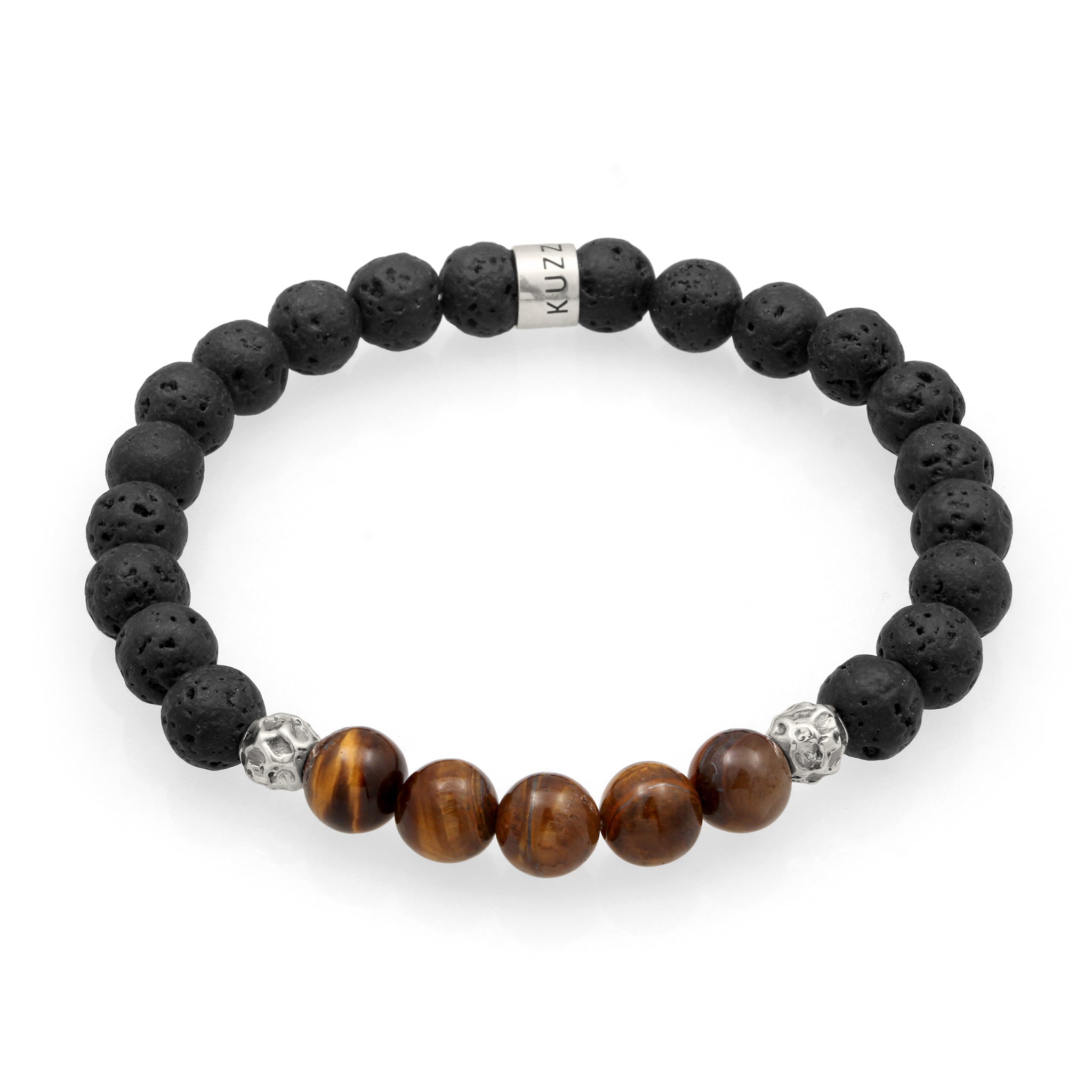 Silber - KUZZOI | Beads Armband | Tigerauge & Lava Perlen (Braun & Schwarz) | 925 Sterling Silber