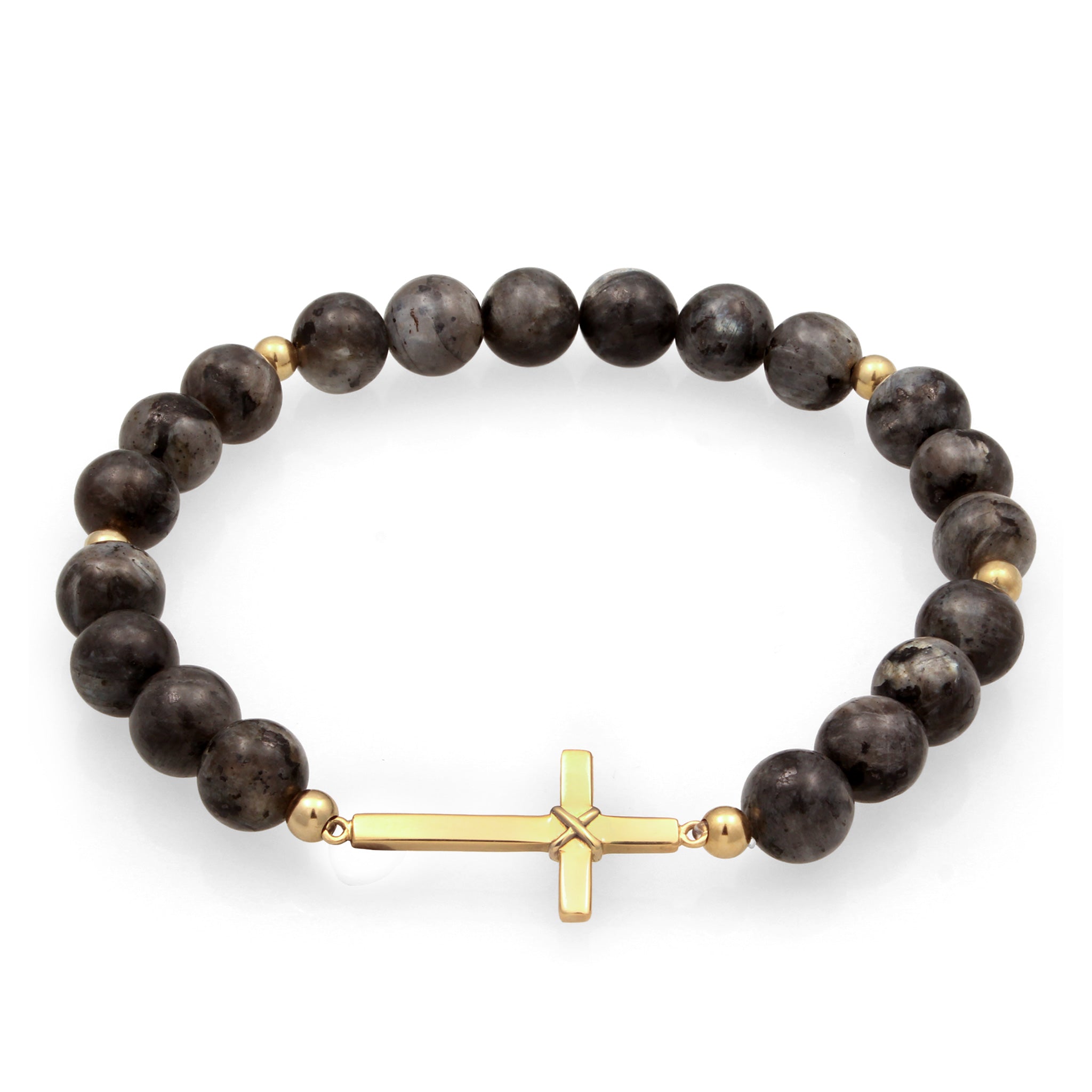 Gold - KUZZOI | Armband Kreuz | Lavakite Perlen (Grau) | 925 Sterling Silber vergoldet