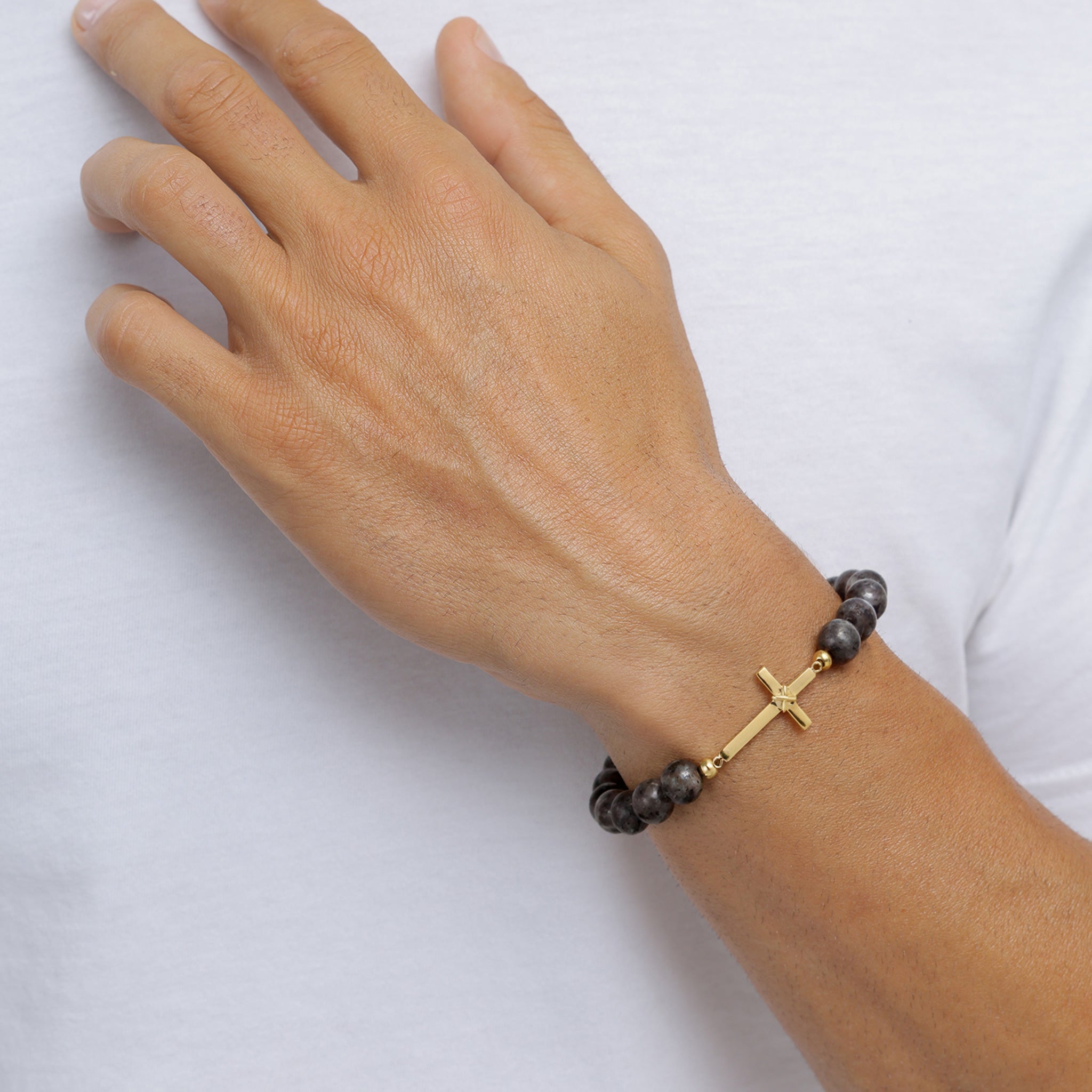 Gold - KUZZOI | Armband Kreuz | Lavakite Perlen (Grau) | 925 Sterling Silber vergoldet