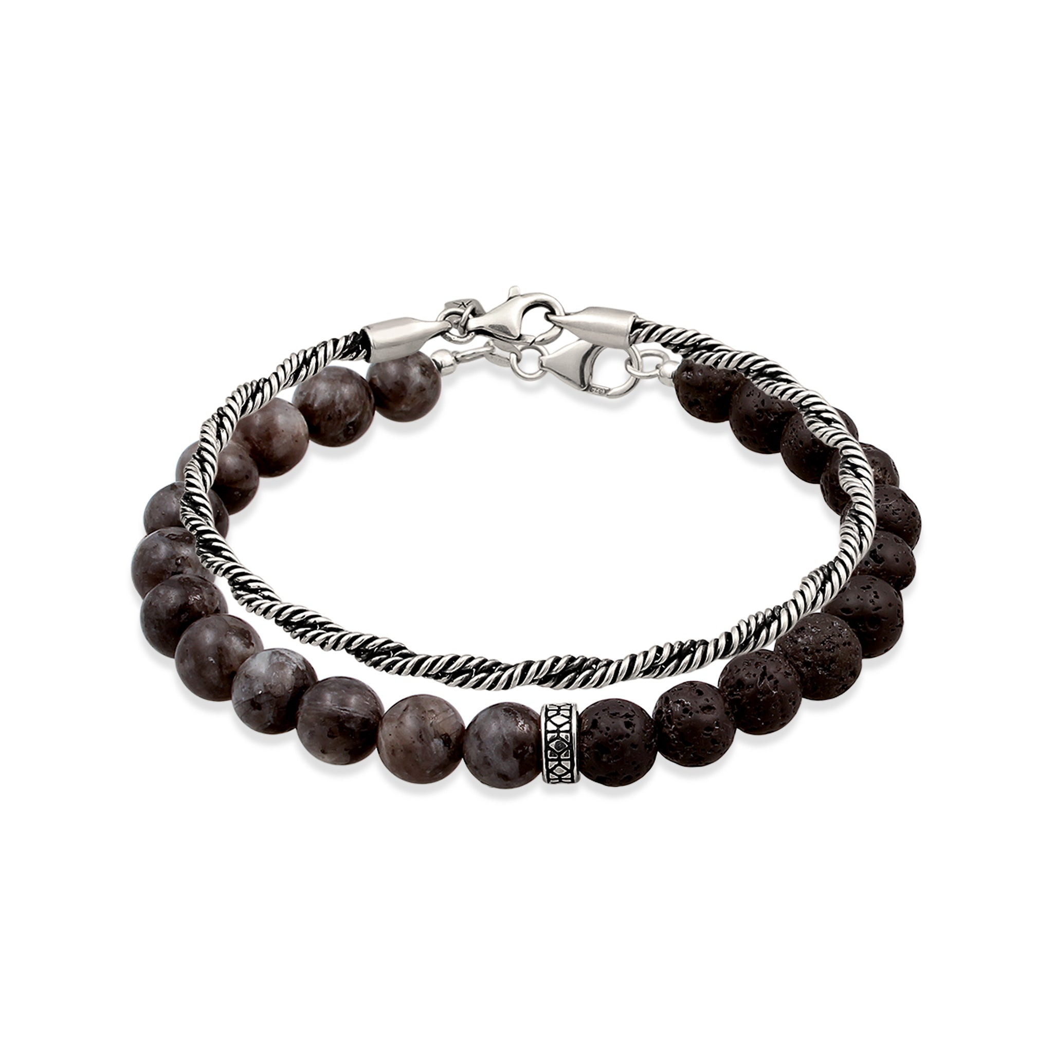 Silber - KUZZOI | Armband Set | Lavakite & Lava (Grau & Schwarz) | 925 Sterling Silber