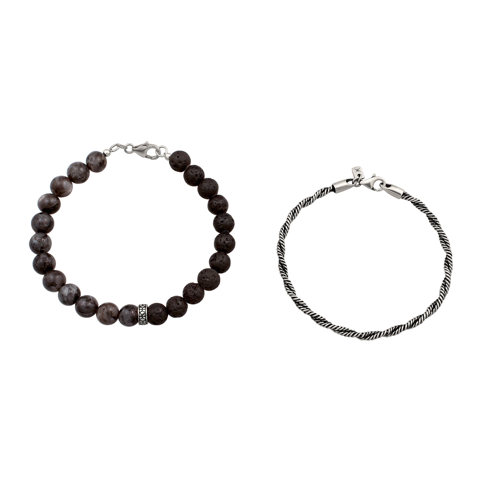 Silber - KUZZOI | Armband Set | Lavakite & Lava (Grau & Schwarz) | 925 Sterling Silber