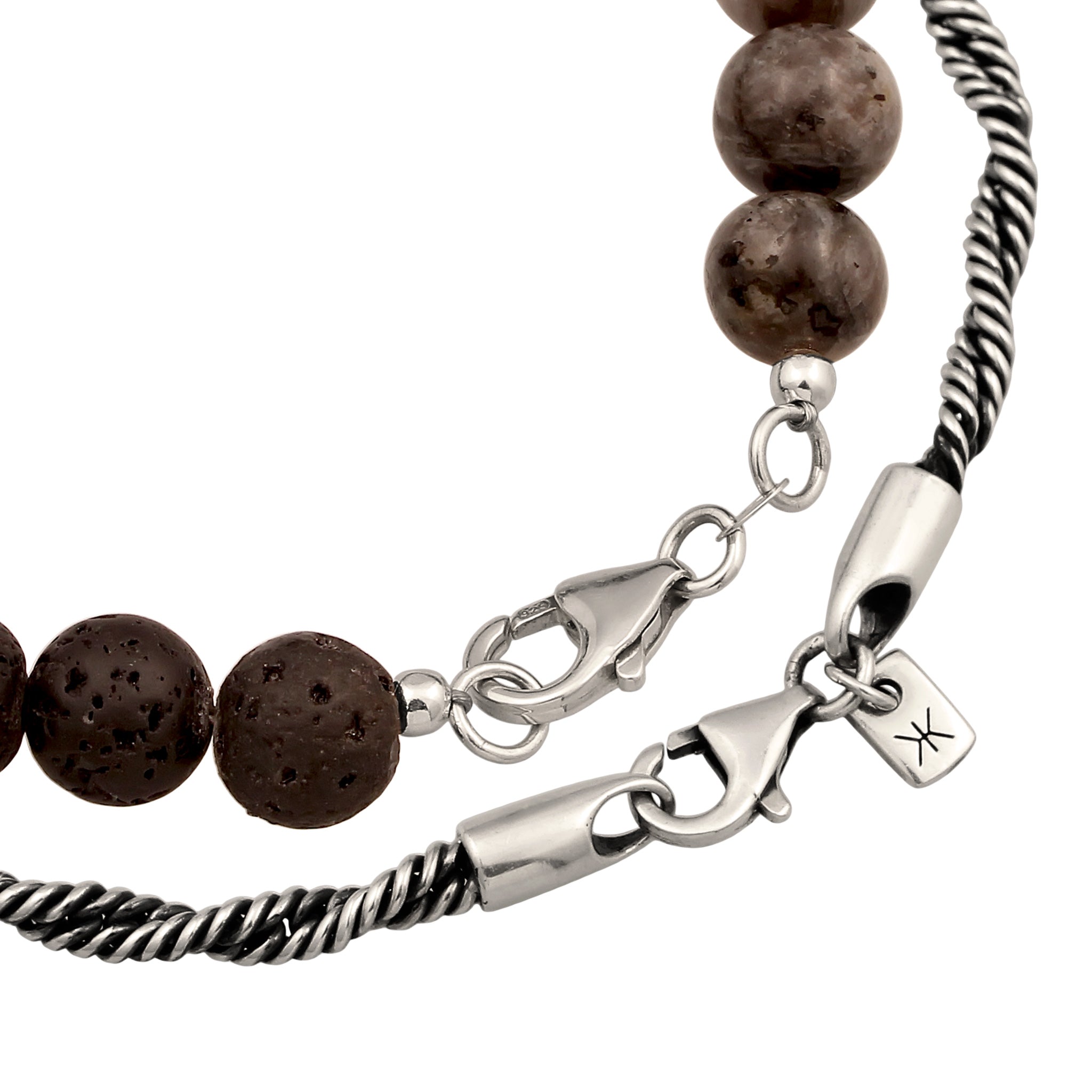 Silber - KUZZOI | Armband Set | Lavakite & Lava (Grau & Schwarz) | 925 Sterling Silber