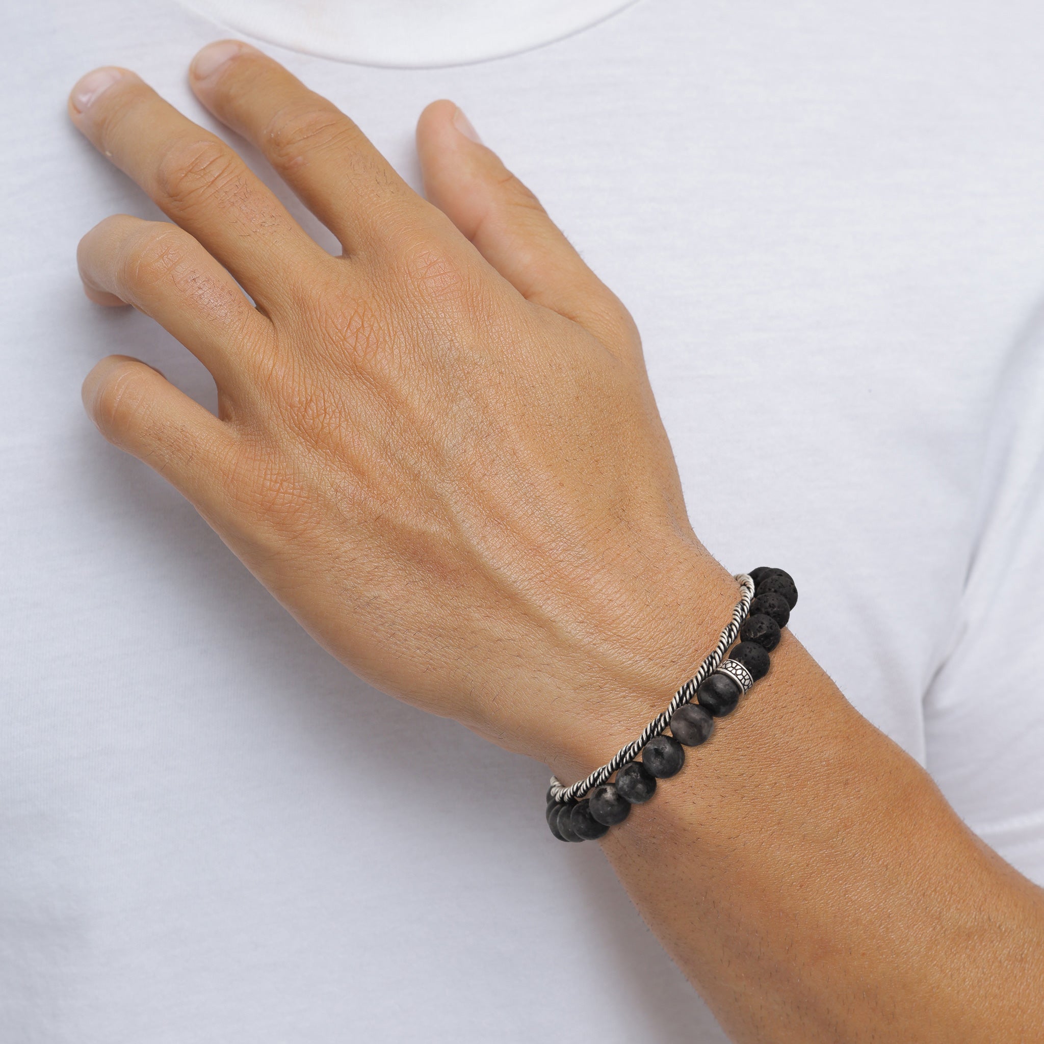 Silber - KUZZOI | Armband Set | Lavakite & Lava (Grau & Schwarz) | 925 Sterling Silber