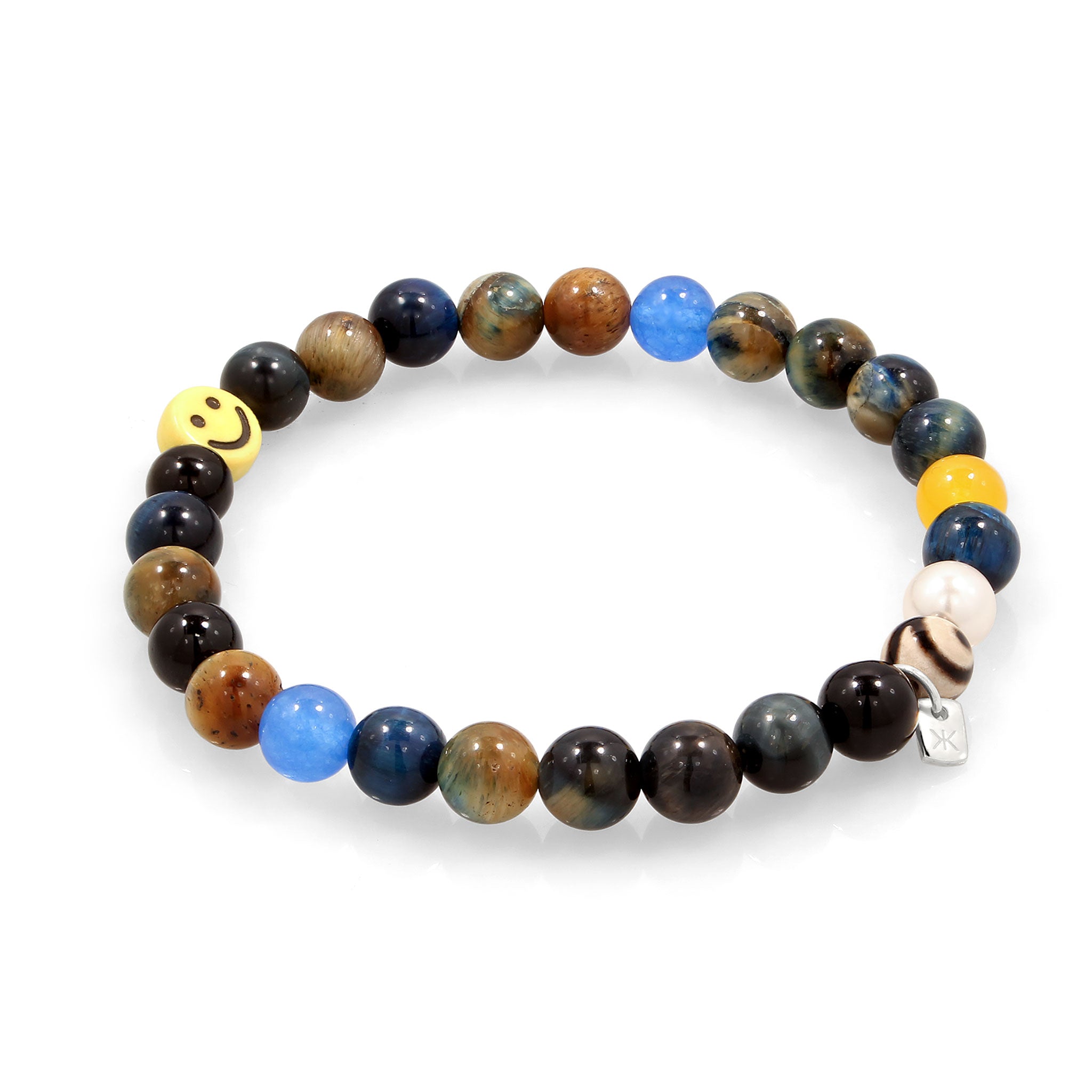 Silber - KUZZOI | Beads Armband Smiling Face | Mit Perle von Swarovski® & Achat (Schwarz) & Tigerauge (Blau) | 925 Sterling Silber