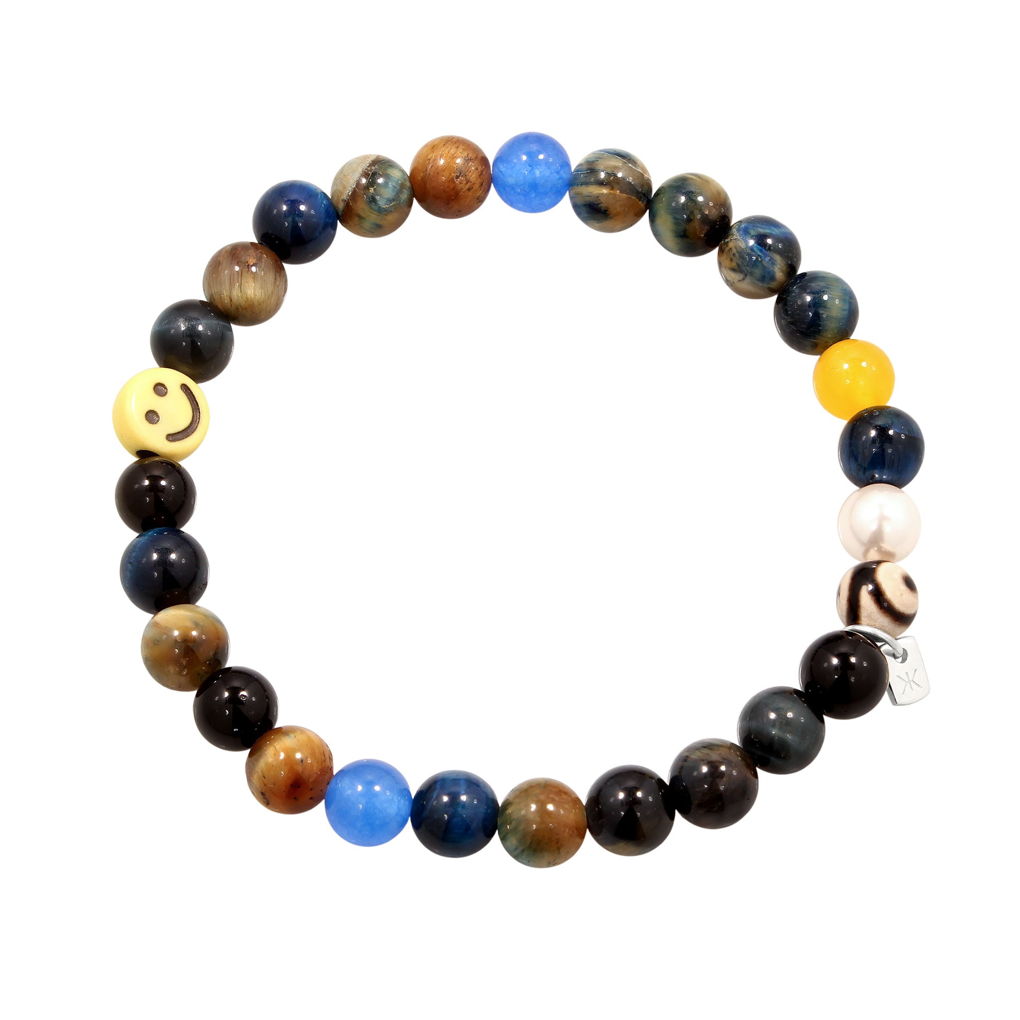Silber - KUZZOI | Beads Armband Smiling Face | Mit Perle von Swarovski® & Achat (Schwarz) & Tigerauge (Blau) | 925 Sterling Silber