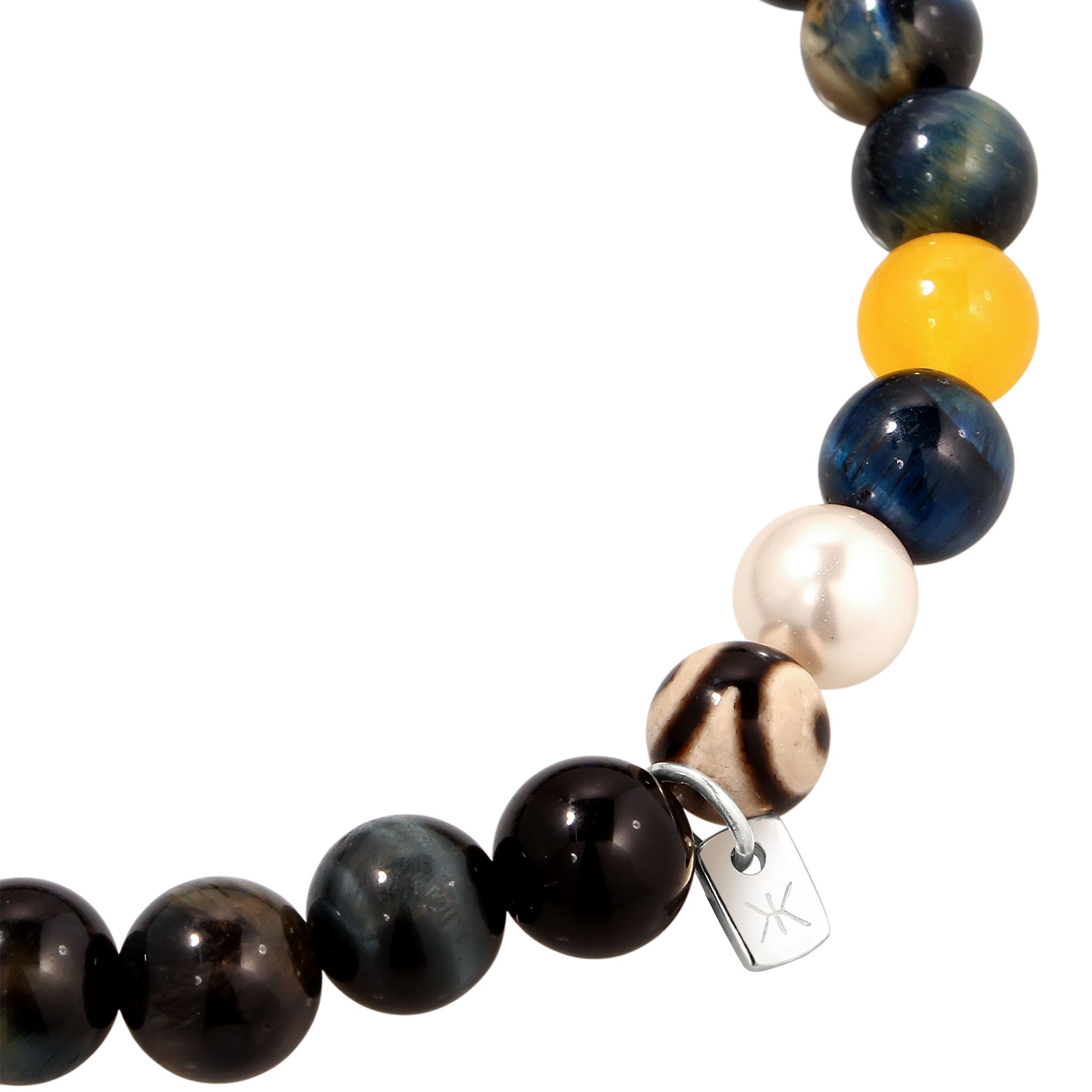Silber - KUZZOI | Beads Armband Smiling Face | Mit Perle von Swarovski® & Achat (Schwarz) & Tigerauge (Blau) | 925 Sterling Silber