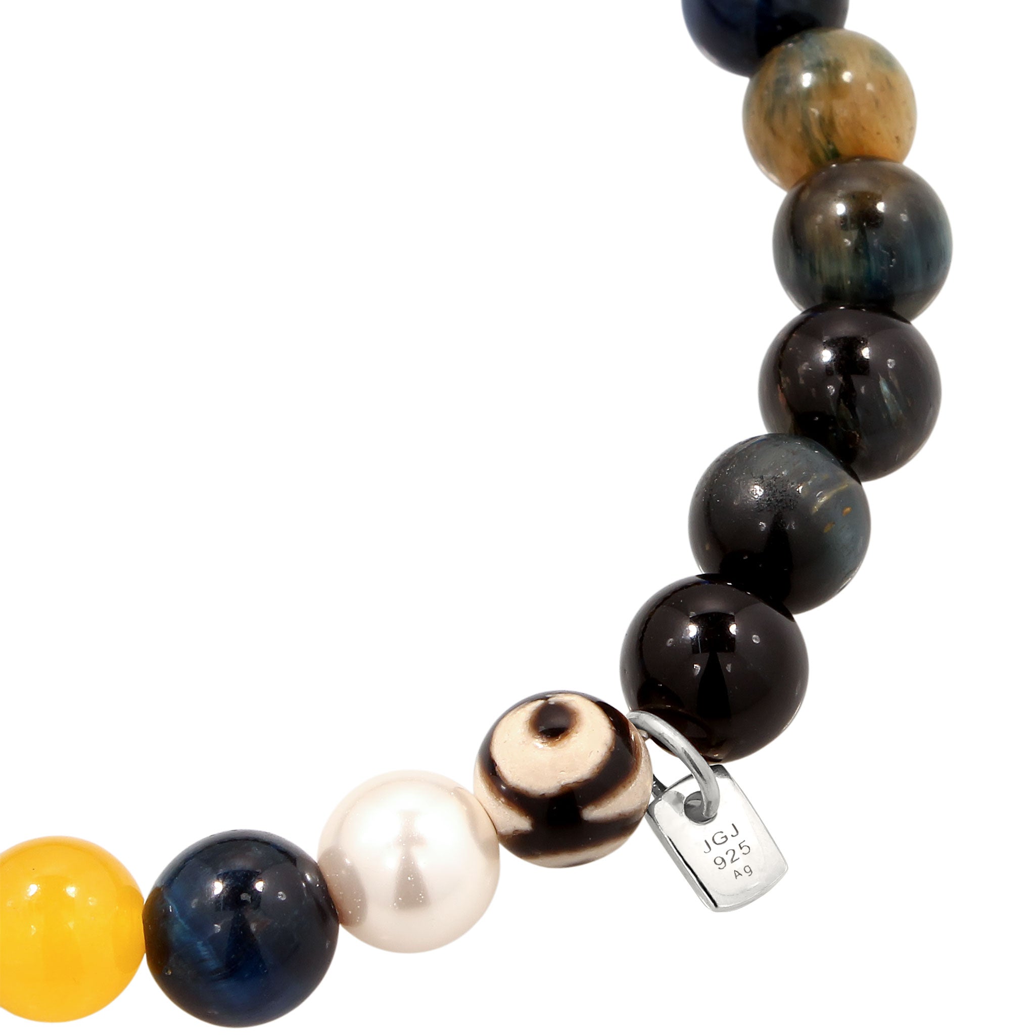 Silber - KUZZOI | Beads Armband Smiling Face | Mit Perle von Swarovski® & Achat (Schwarz) & Tigerauge (Blau) | 925 Sterling Silber