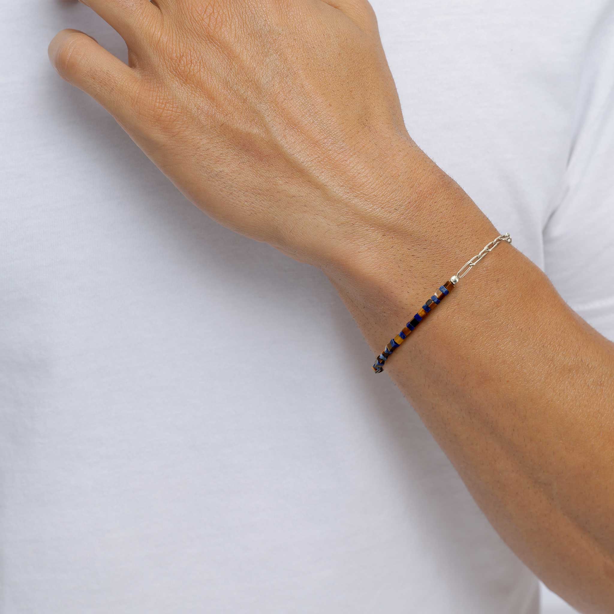 Silber - KUZZOI | Glieder-Armband | Lapislazuli (Blau) & Tigerauge (Braun) | 925 Sterling Silber