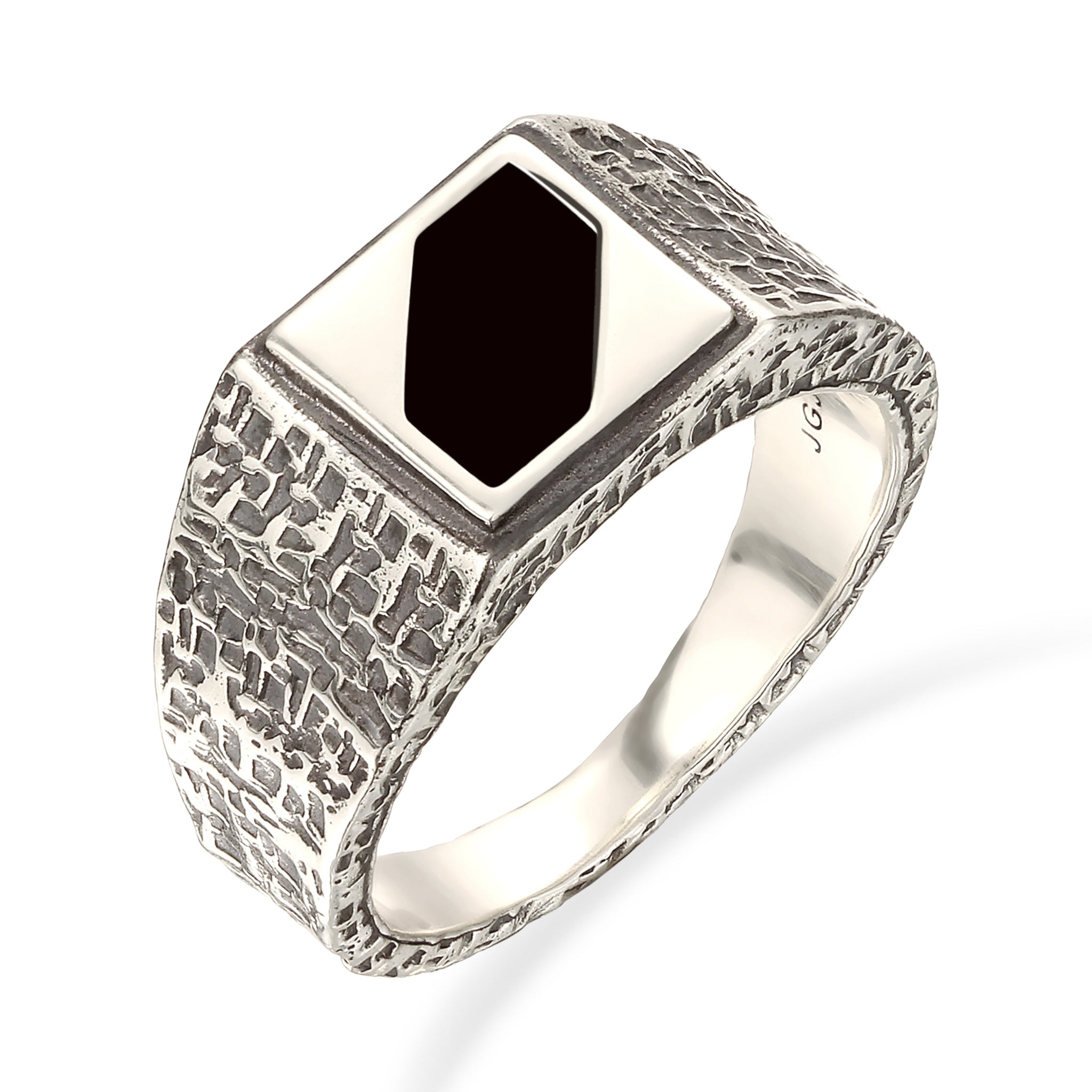 Silber - KUZZOI | Siegelring Strukturiert | Emaille (Schwarz) | 925 Sterling Silber