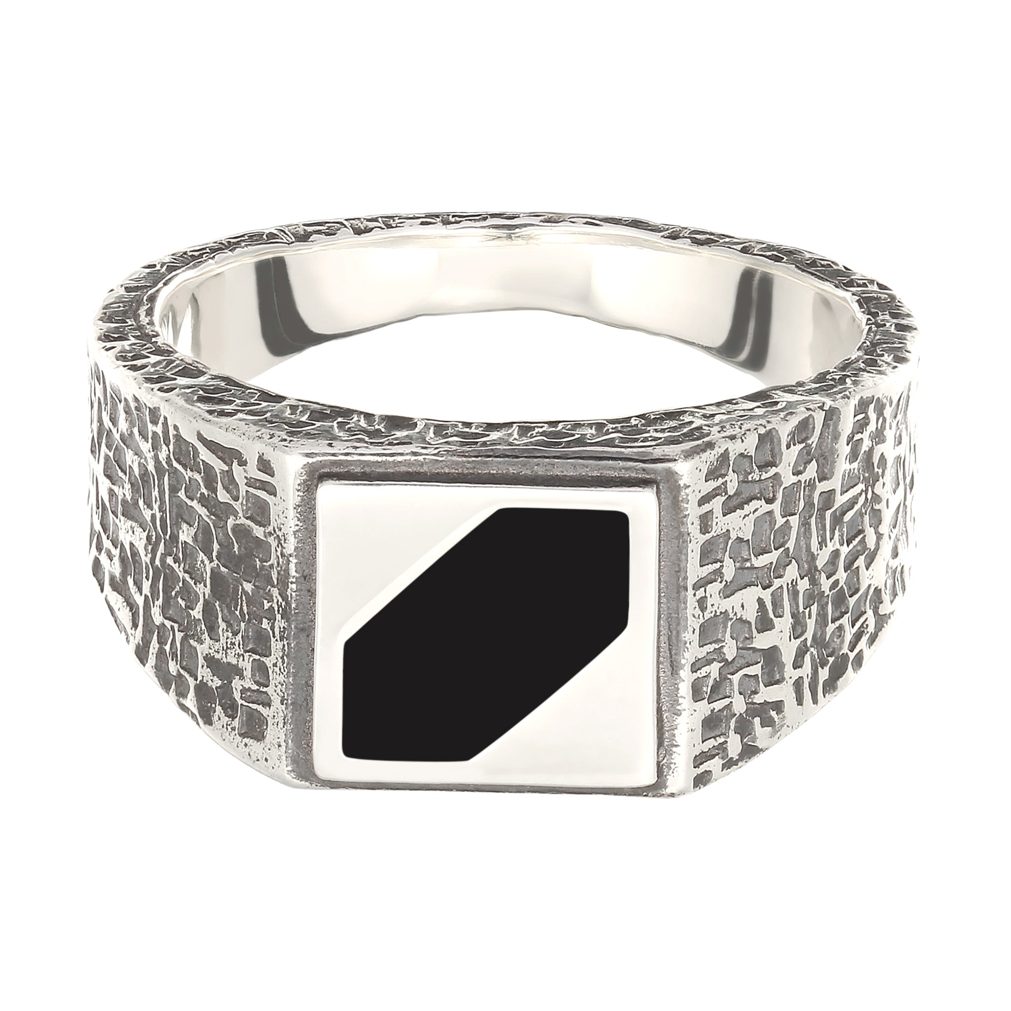 Silber - KUZZOI | Siegelring Strukturiert | Emaille (Schwarz) | 925 Sterling Silber