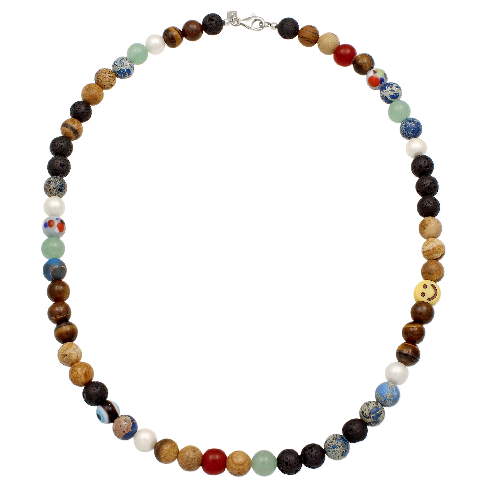 Bunt - KUZZOI | Halskette mit Smiling Face | Achat & Tigerauge & Aventurin (Blau, Braun, Grün) | 925 Sterling Silber