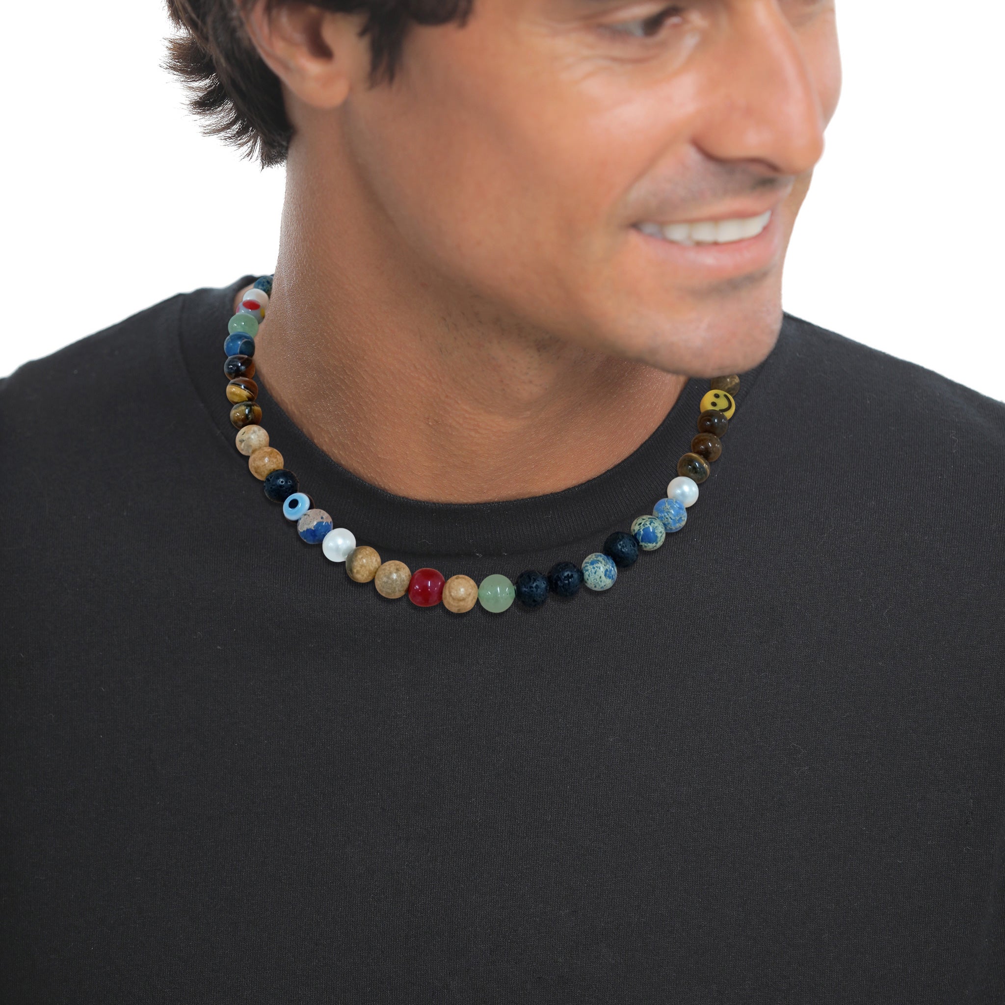 Bunt - KUZZOI | Halskette mit Smiling Face | Achat & Tigerauge & Aventurin (Blau, Braun, Grün) | 925 Sterling Silber