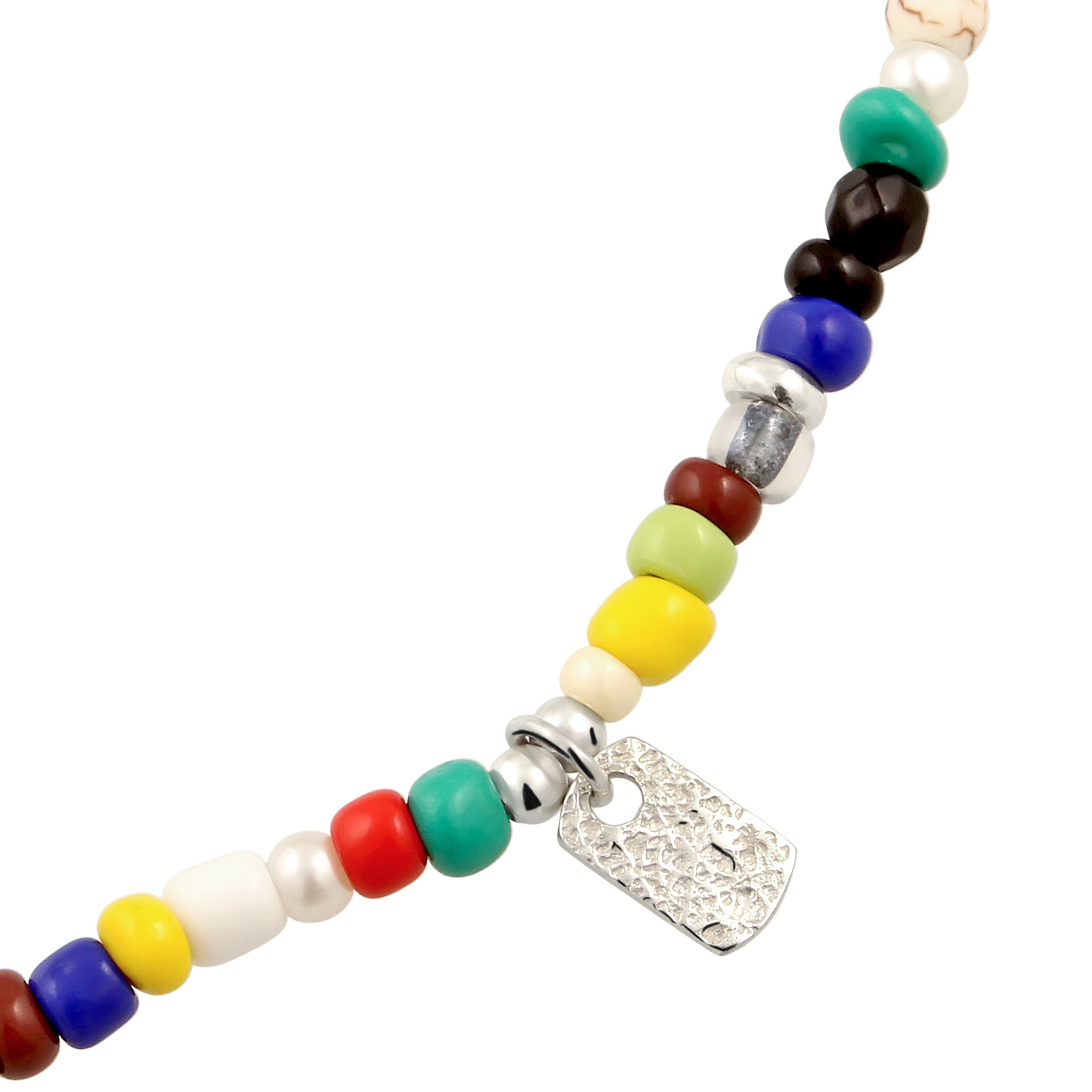 Bunt - KUZZOI | Beads-Halskette Tag Anhänger | Synthetischer Achat (Schwarz) & Synthetischer Howlit (Creme) & Synthetische Perle (Weiß) | 925 Sterling Silber