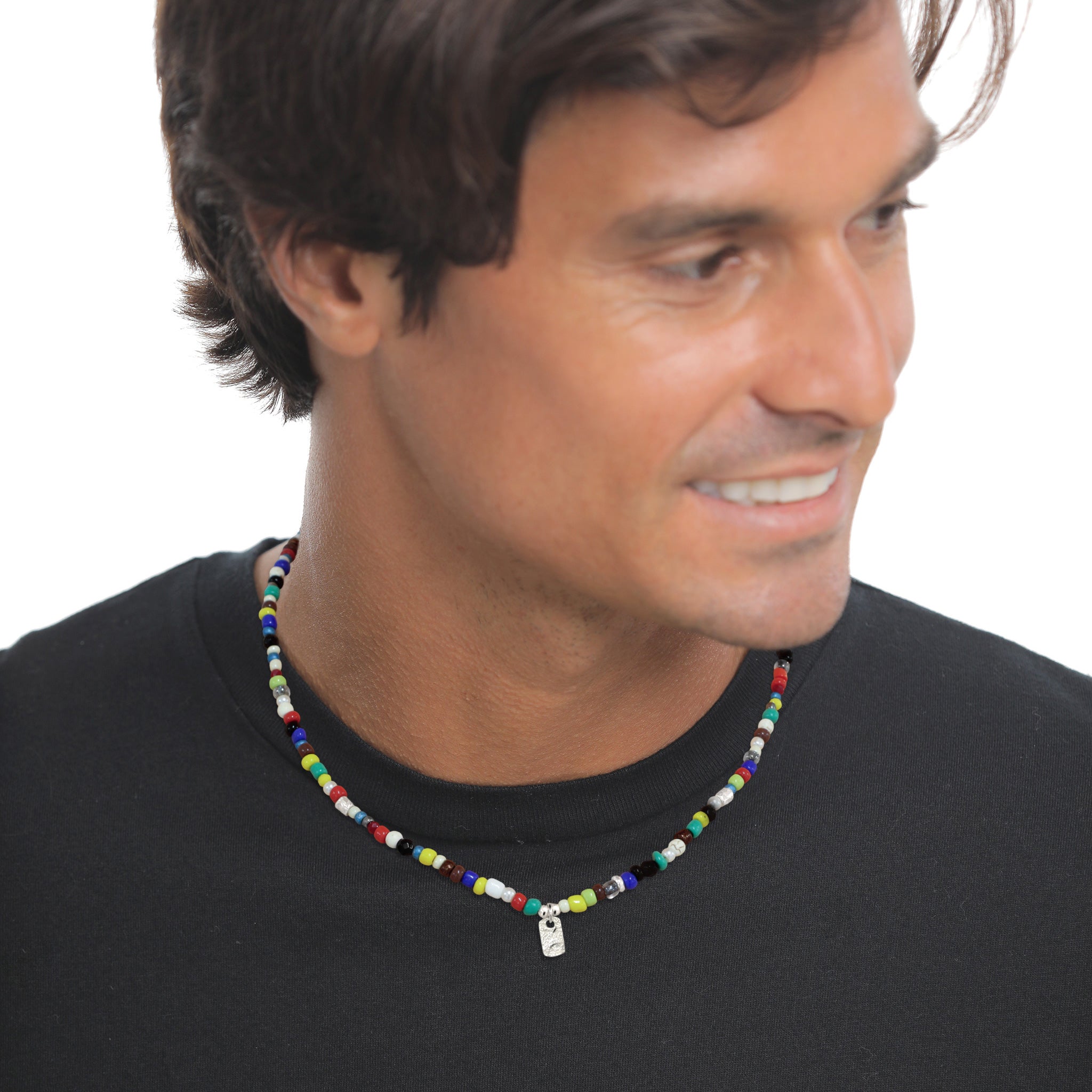 Bunt - KUZZOI | Beads-Halskette Tag Anhänger | Synthetischer Achat (Schwarz) & Synthetischer Howlit (Creme) & Synthetische Perle (Weiß) | 925 Sterling Silber