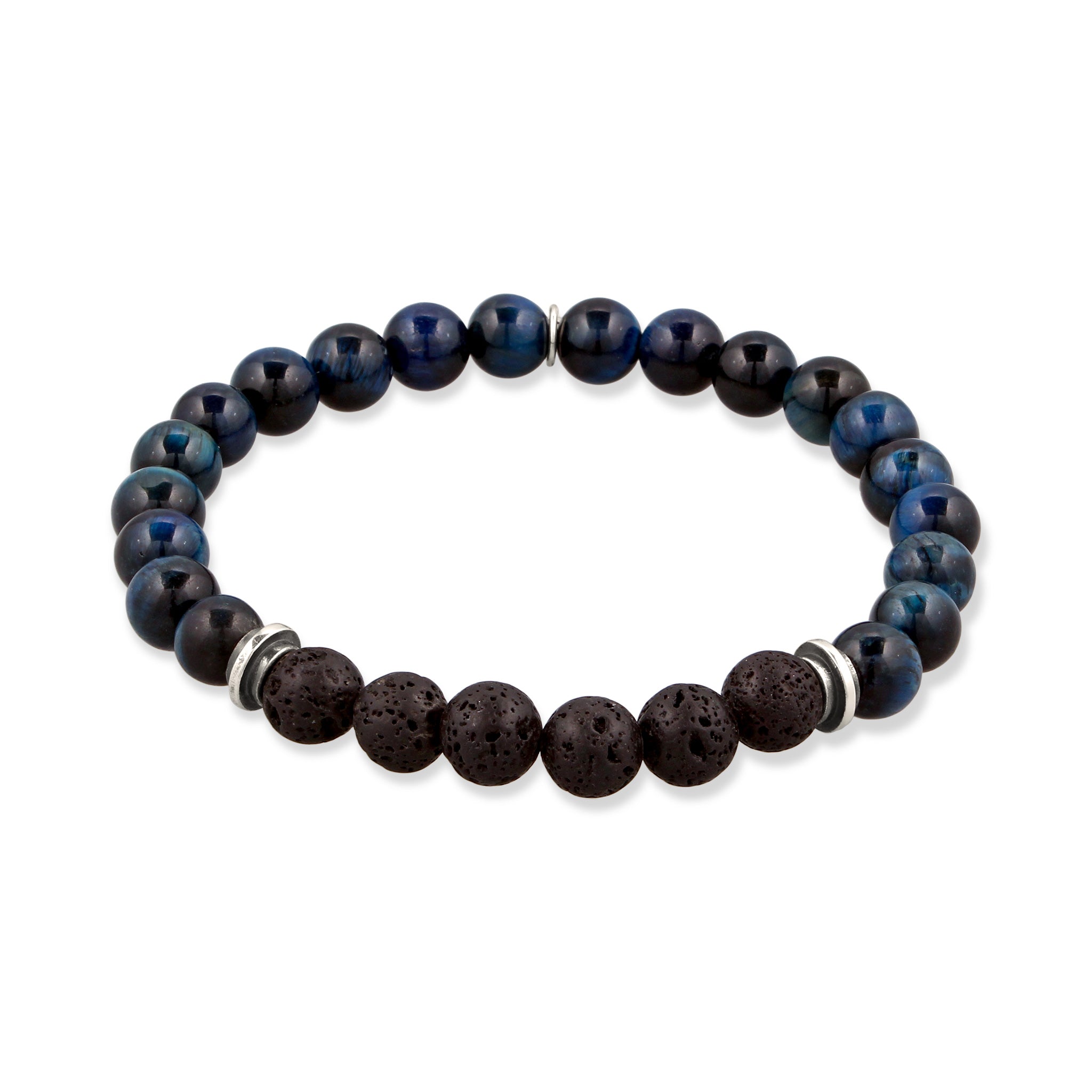 Blau - KUZZOI | Perlen-Armband | Tigerauge (Blau) & Lava (Schwarz) | 925 Sterling Silber