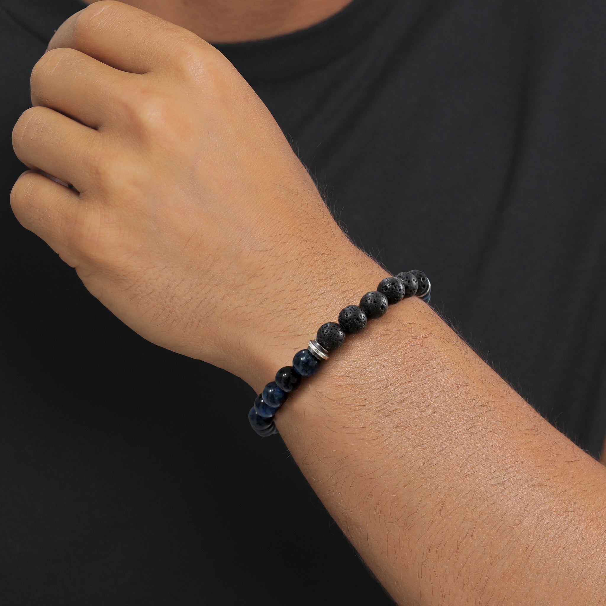 Blau - KUZZOI | Perlen-Armband | Tigerauge (Blau) & Lava (Schwarz) | 925 Sterling Silber