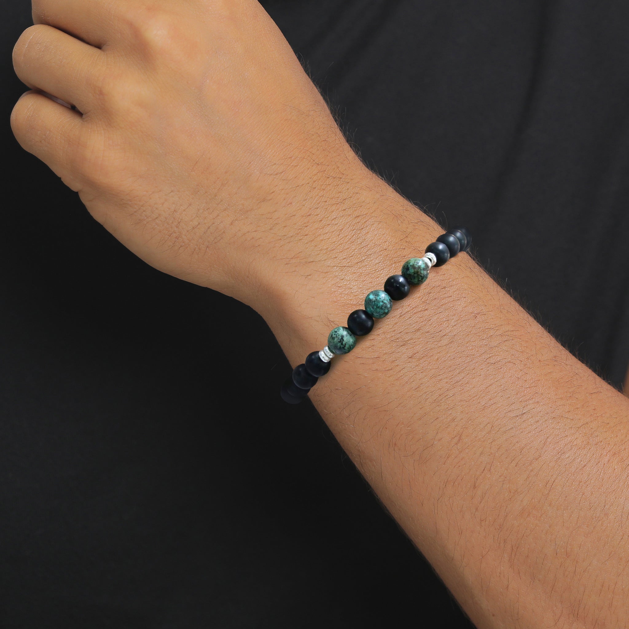 Silber - KUZZOI | Bead Armband | Türkis & Onyx (Grünbraun & Schwarz) | 925 Sterling Silber