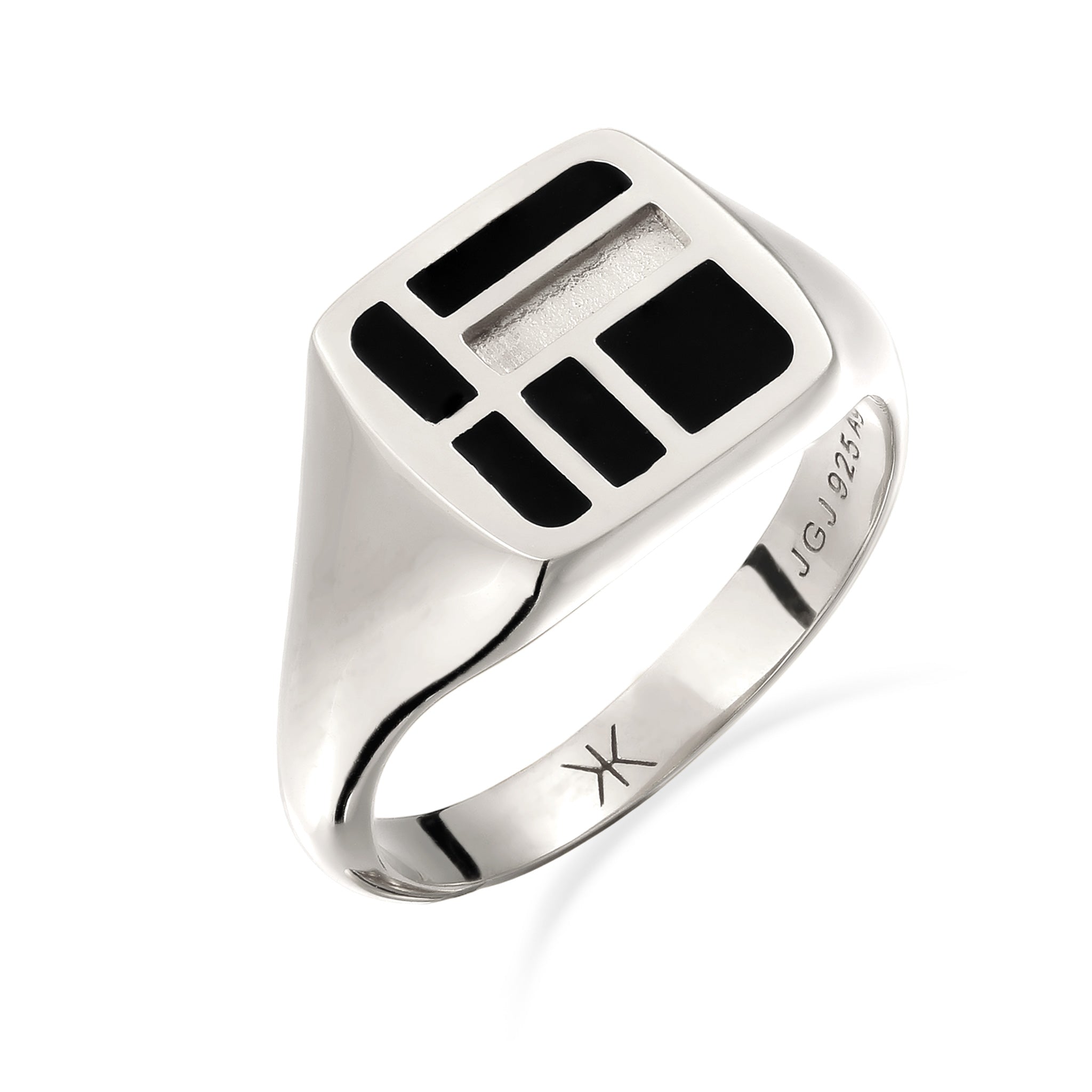 Silber - KUZZOI | Siegelring Grid Edge | Emaille (Schwarz) | 925 Sterling Silber