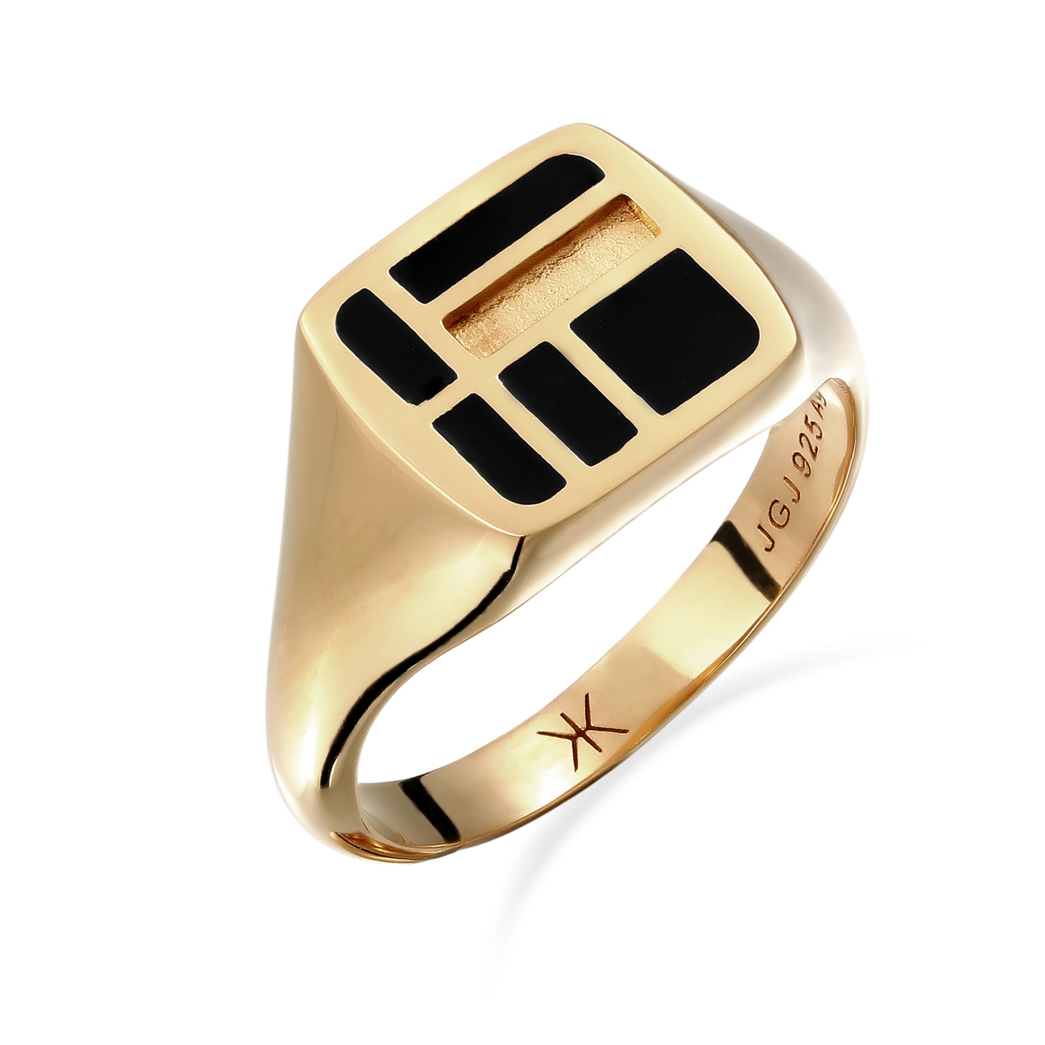 Gold - KUZZOI | Siegelring Grid Edge | Emaille (Schwarz) | 925 Sterling Silber vergoldet