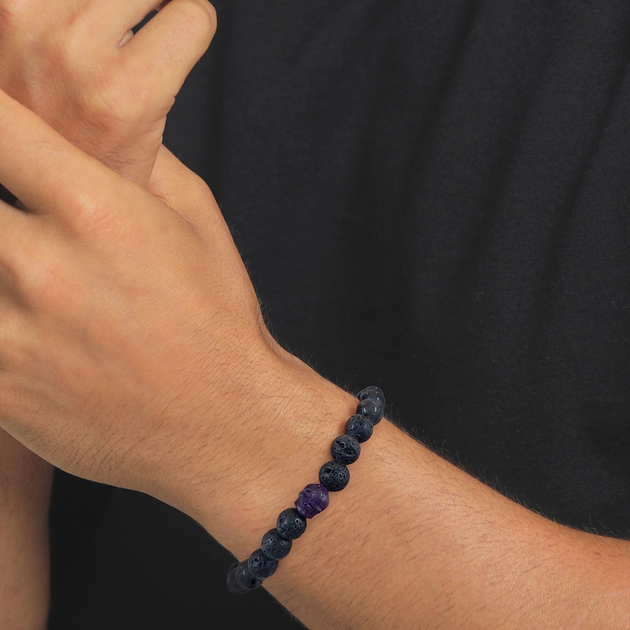 Schwarz - KUZZOI | Bead-Armband Totenkopf | Amethyst (Blau), Lavakite (Grau), Lava Stones (Schwarz) | 925 Sterling Silber