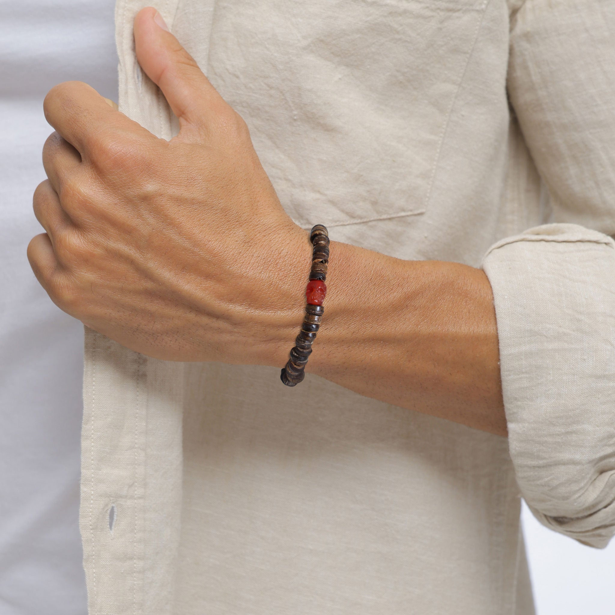 Braun - KUZZOI | Armband Totenkopf | Karneol (Rot), Coconut Beads (Braun)| 925 Sterling Silber