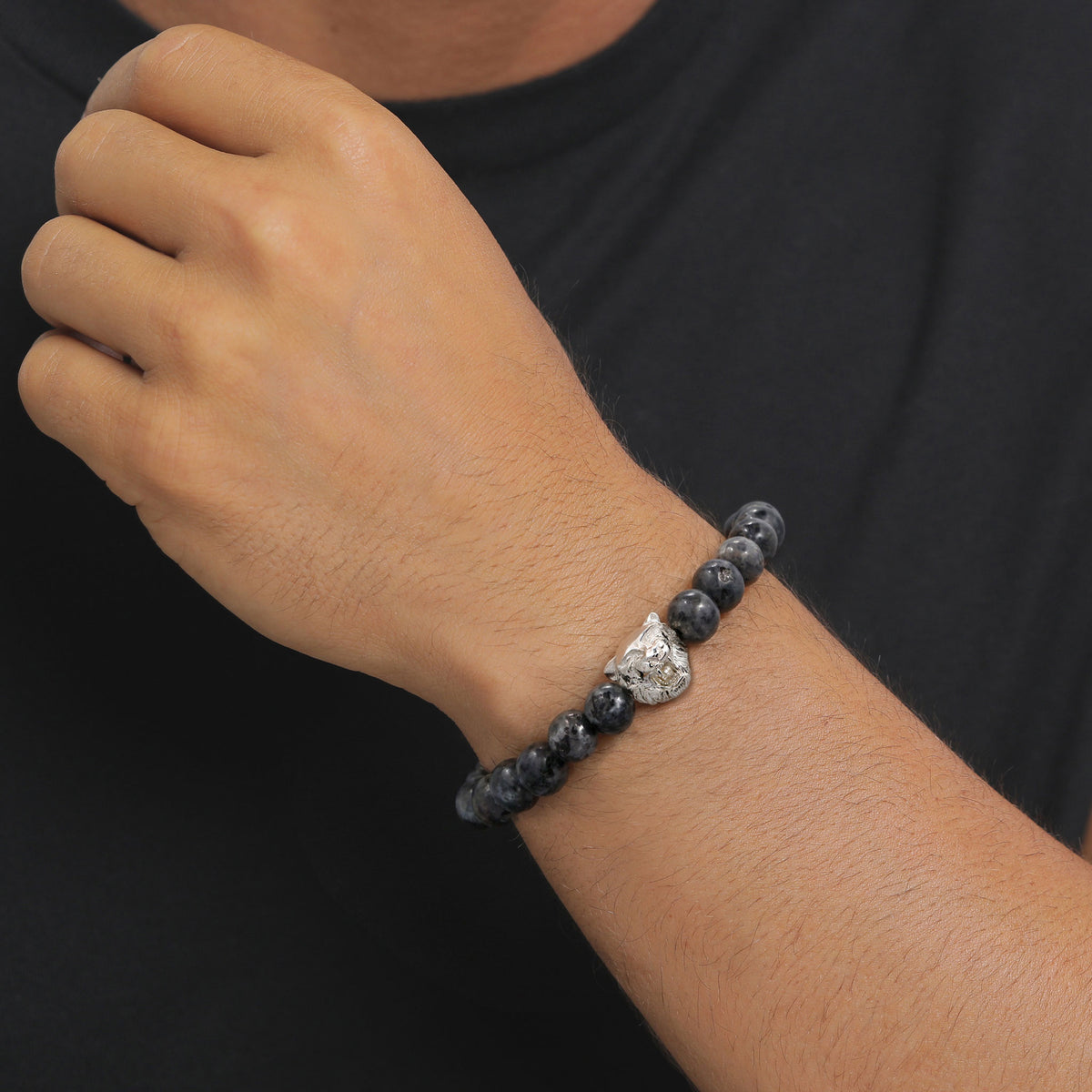 Silber - KUZZOI | Armband Tigerkopf | Lava Beads (Grau) | 925 Sterling Silber