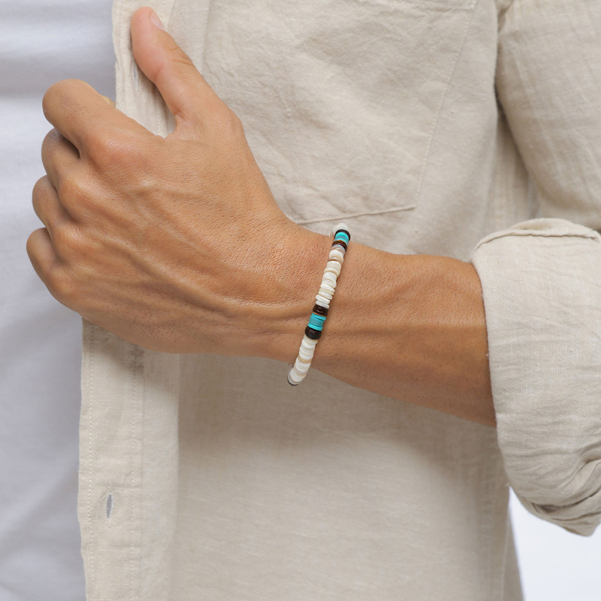 Silber - KUZZOI | Bead-Armband | Howlite (Türkis), Muschel (Natur), Coconut (Braun) | 925 Sterling Silber