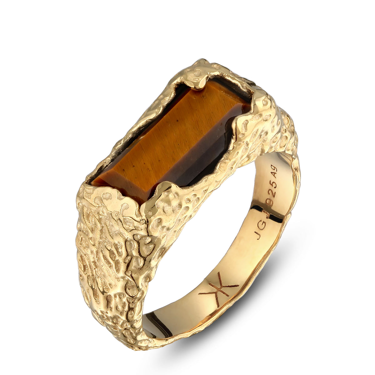 Gold - KUZZOI | Ring Signet Rechteck | Tigerauge (Braun) | 925 Sterling Silber vergoldet